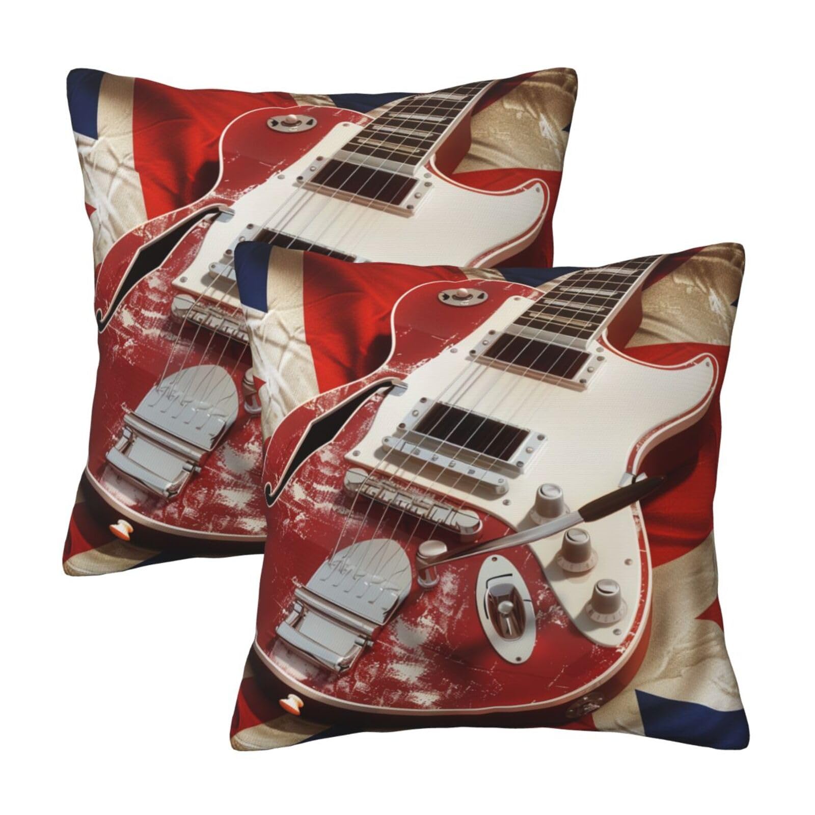 kkvhhyuo Guitar British Flag Print Pillow Covers Set of 2, Square Decorative Cushion Covers with Hidden Zipper, Throw Pillow Cases for Living Room Sofa Bed Chair, 50x50 cm