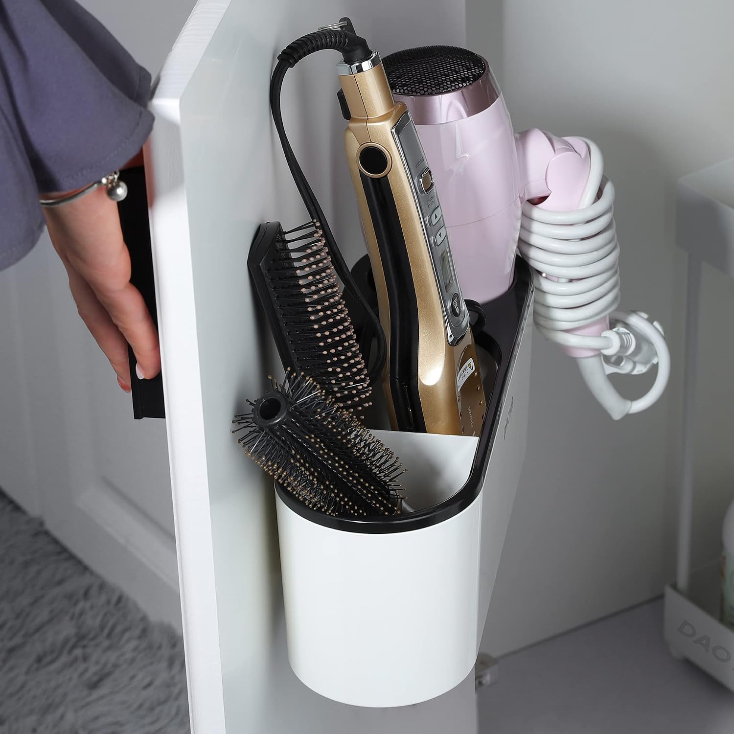 DAOYA Hair Tool Organizer - Hair Dryer Holder Wall Mounted Blow Dryer and Curling Iron Holder Cabinet Door Hot Tools Holder for Bathroom Hair Tool Organizer (Grey White)