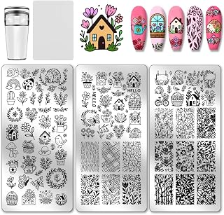 PH PandaHall 3pcs Flowers Garden Pattern Nail Stamp Plate Garden House Theme Print Art Template Stainless Steel Nail Image Plate Flowers Nails Stencils for Women DIY Printing 4.7x2.3 inch