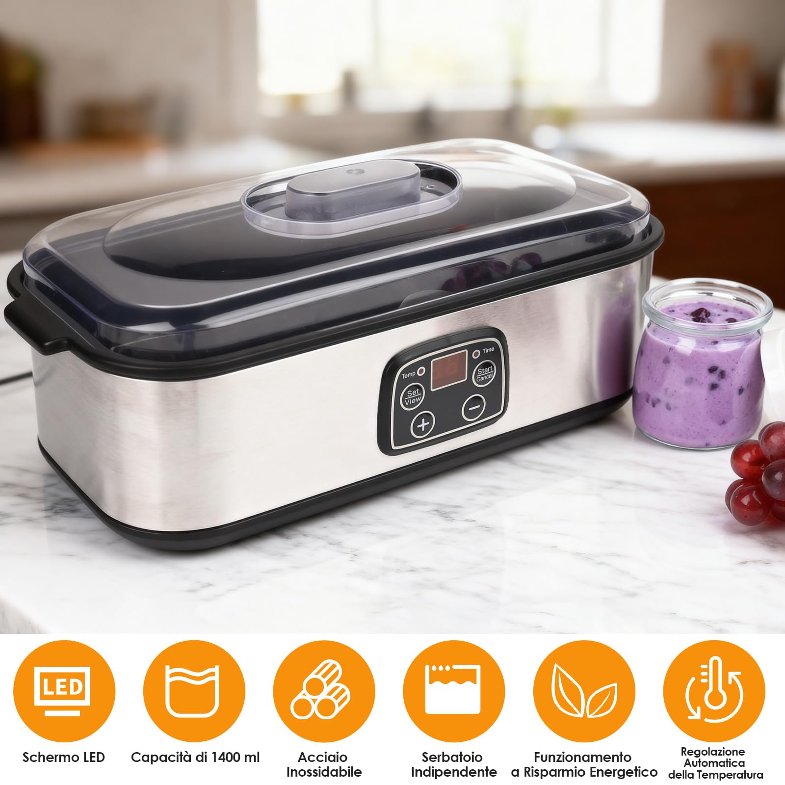 Yogurtiera Elettrica Dreamhigh – 8 Vasetti In Vetro Da 180 Ml, Display LCD E Timer Fino A 48 Ore