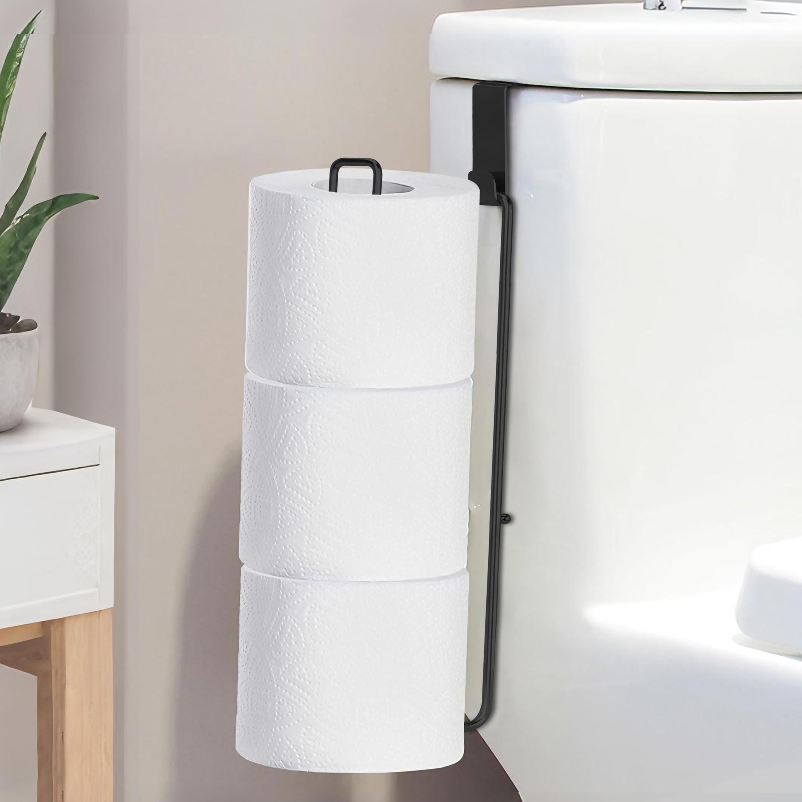 Black Toilet Paper Holder with Storage Extra 3 Roll Tissue, Over The Tank Toilet Paper Roll Holder Wall Mount, Matte Black Camper Accessories Tissue