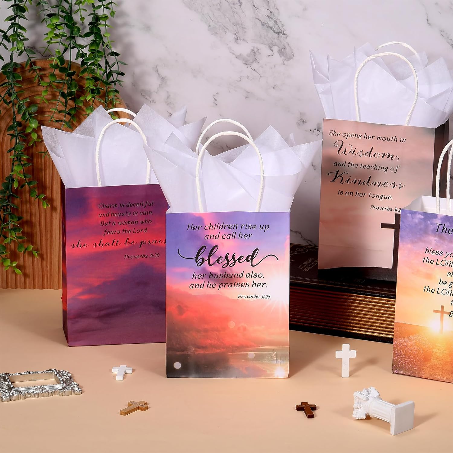 Moinchore Christian Mothers Day Gifts Bags Bulk with Tissue Religious Bible Verse Church Baptism Paper Gifts Bags for Women Mom with Handle for Easter Church Welcome Visitors, 4 Styles(100 Sets)