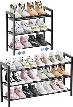 Mavivegue 3 Tier Expandable Shoe Rack, Adjustable Metal Shoe Storage Organizer for Closet, Free Standing Shoe Rack Storage for Entryway, Garages, Hallway,Bedrooms Black
