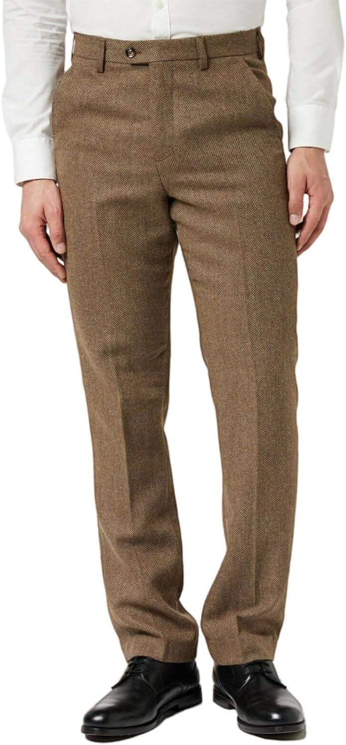 Men's Herringbone Suit Pants One Button Trousers for Formal Dinner