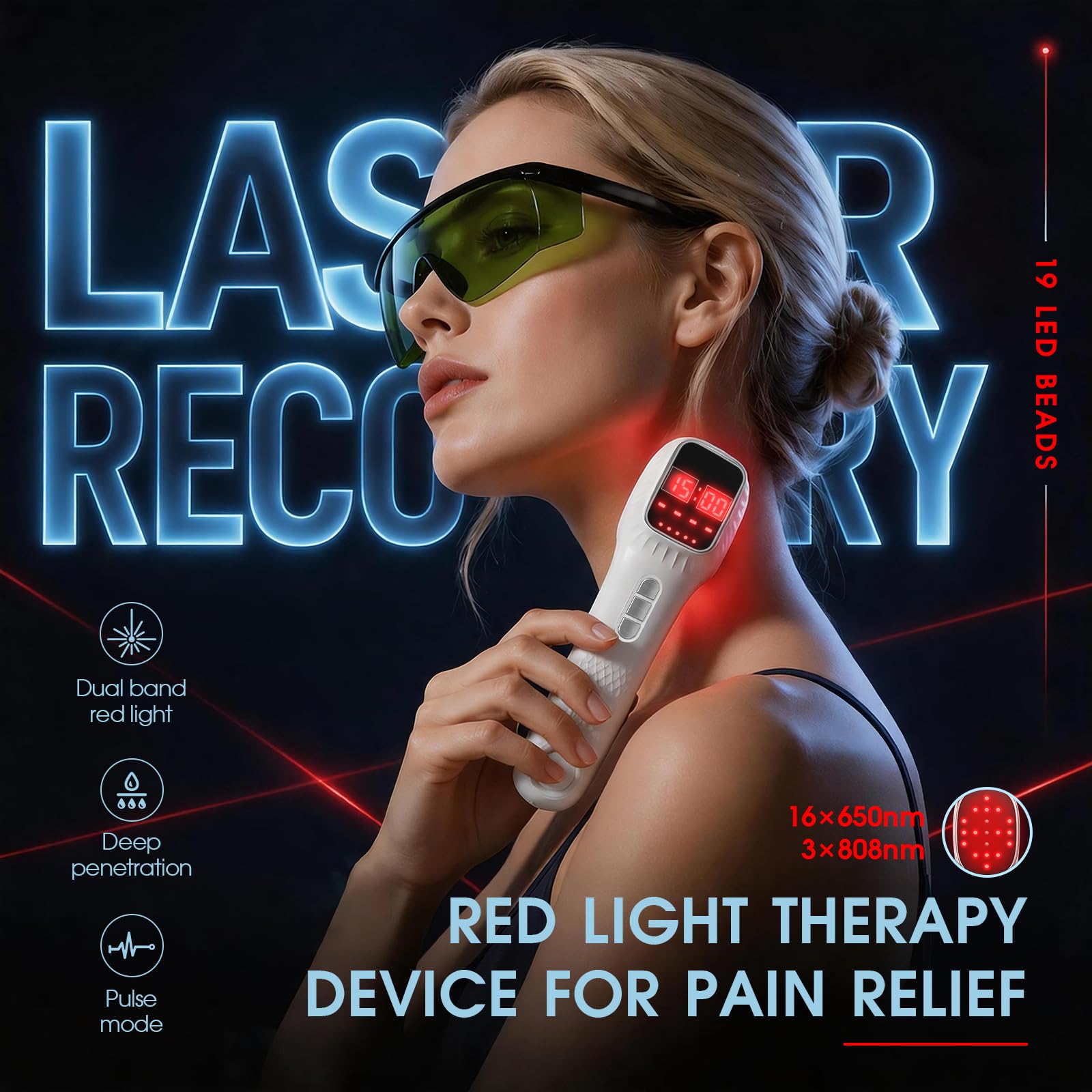 iKeener Luce Terapia Rossa Dispositivo(3x808nm,16x650nm),FDA Approvata Attrezzatura Alleviare Portatile Dolore,Terapia Laser Freddo Apparecchio per Schiena,Viso,Corpo,Muscoli,Ginocchio,Spalla