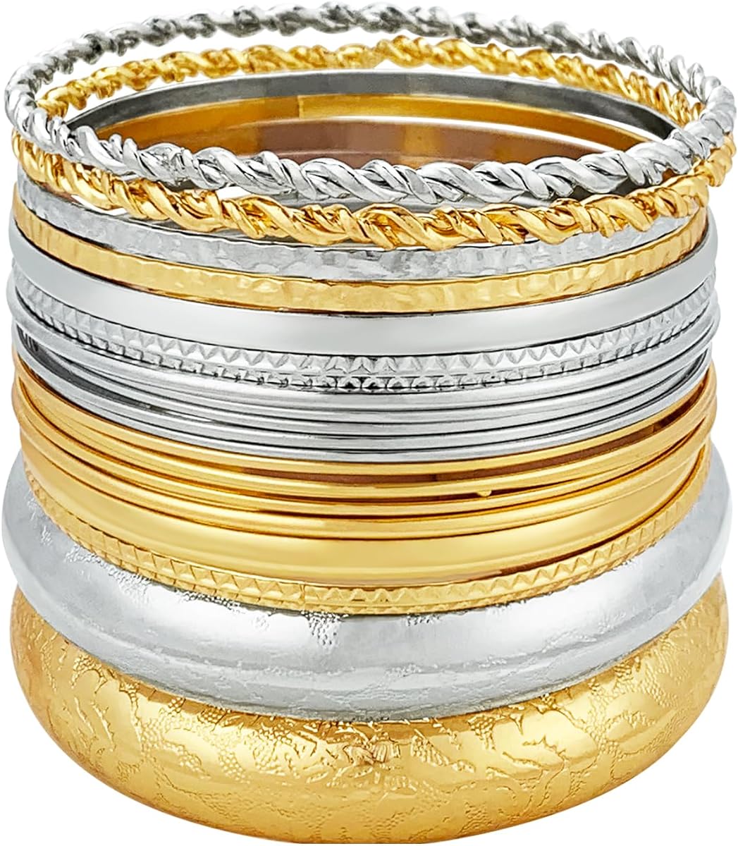 YBMYCM 10Pcs Gold-plated Bangle Bracelet Set for Women Multi Layer Stackable Wide Bangles Indian Chunky Bangle Bracelets Ethnic Glossy Textured Bracelets Wedding Outfit Jewelry