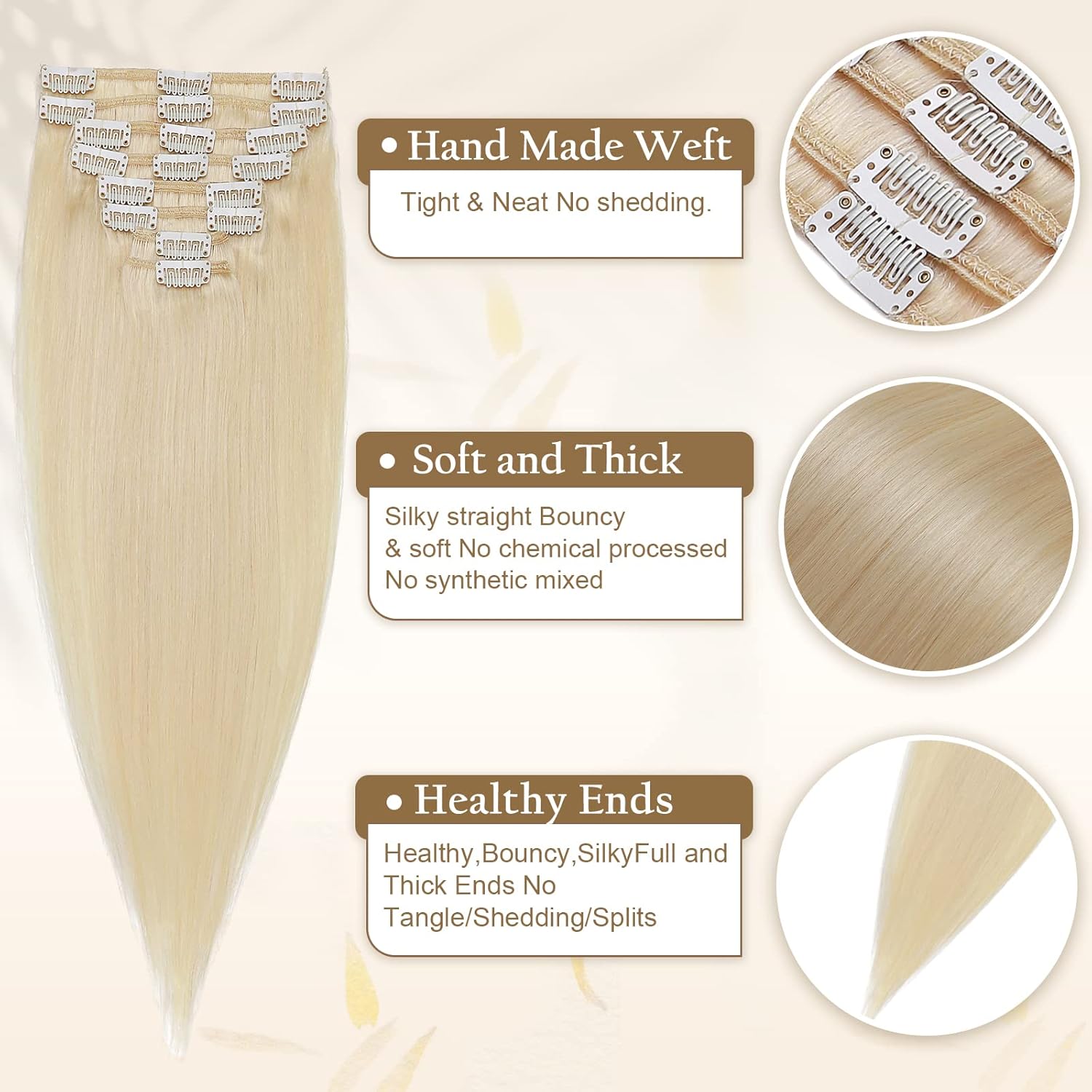 Benehair Handmade Silky Soft Clip in Hair Extensions Real Human Hair, 100% Remy Long Straight Clip in Hair Extensions for Women, #60 Platinum Blonde Hair Extensions Clip ins 75g/pack 8pcs 16 Inch