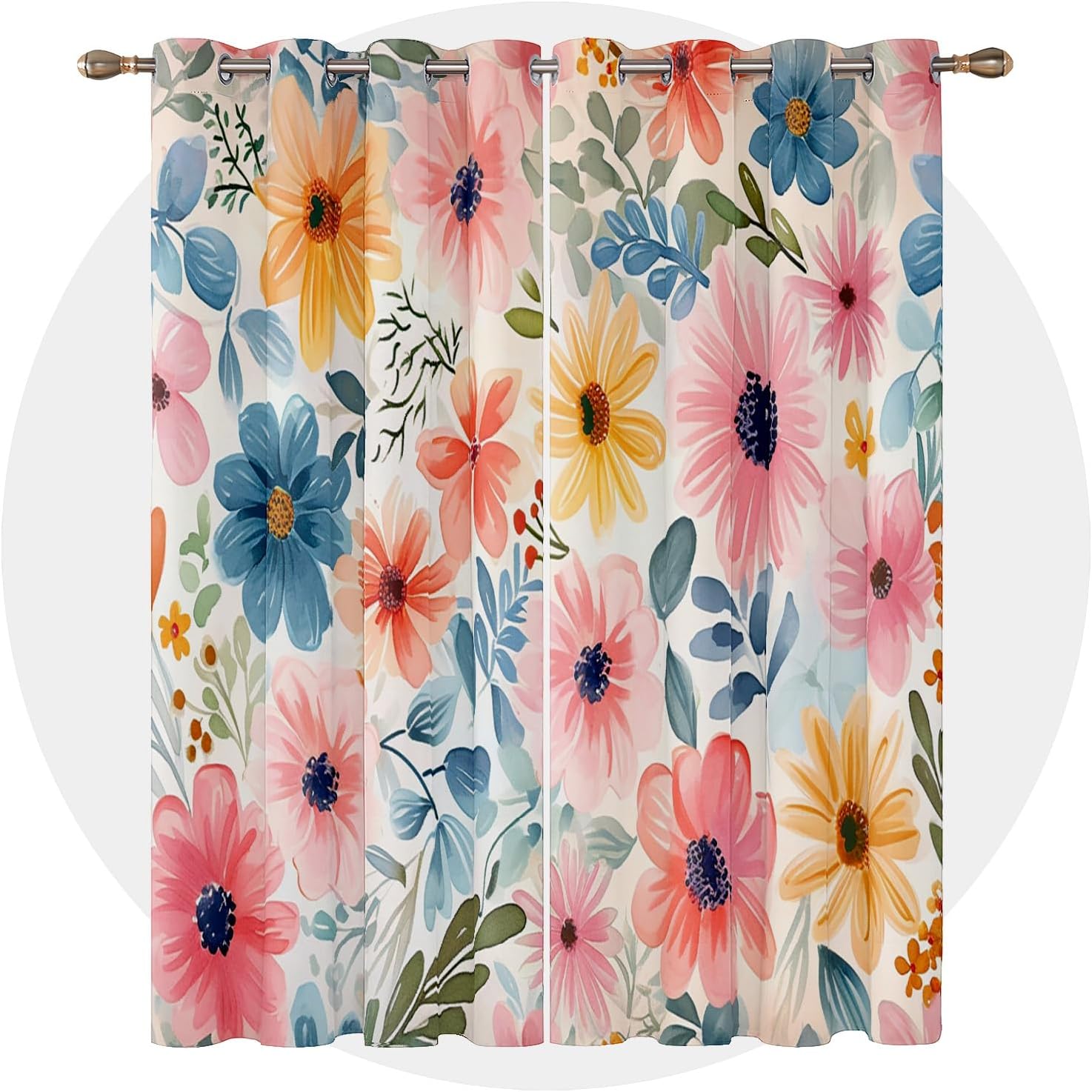 Floral Curtains 63 Inch Length - Flower Botanical Pastel Watercolor Patterned Blackout Curtains for Living Room Bedroom, Room Darkening Grommet Drapes Window Treatments, 2 Panel Set