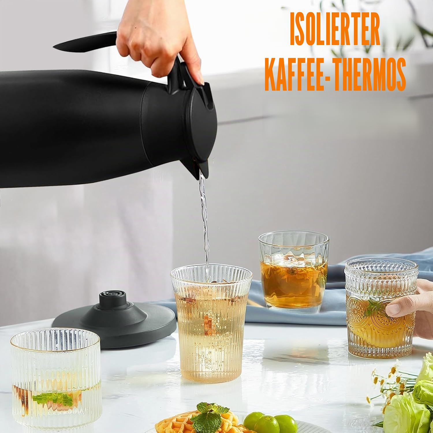 2 Stück Thermoskanne, 2L Thermo Kaffeekanne, Isolierkanne Edelstahl für heiße Flüssigkeiten, Ausgießer mit Bürsten, hält 12 Stunden heiß (Schwarz)