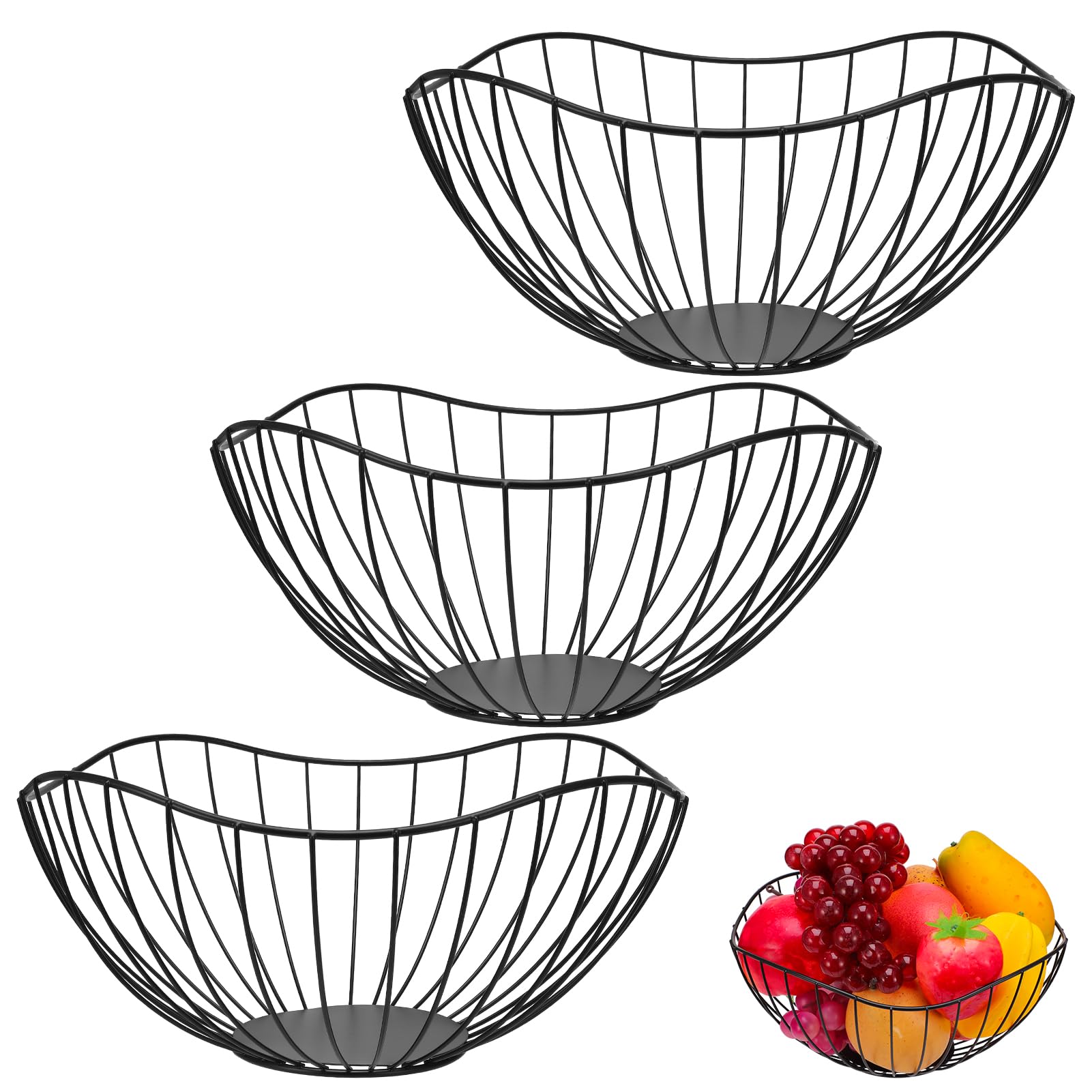 3 Pcs Metal Fruit Bowls Baskets, 27x12cm Black Large Wire Fruit Baskets
