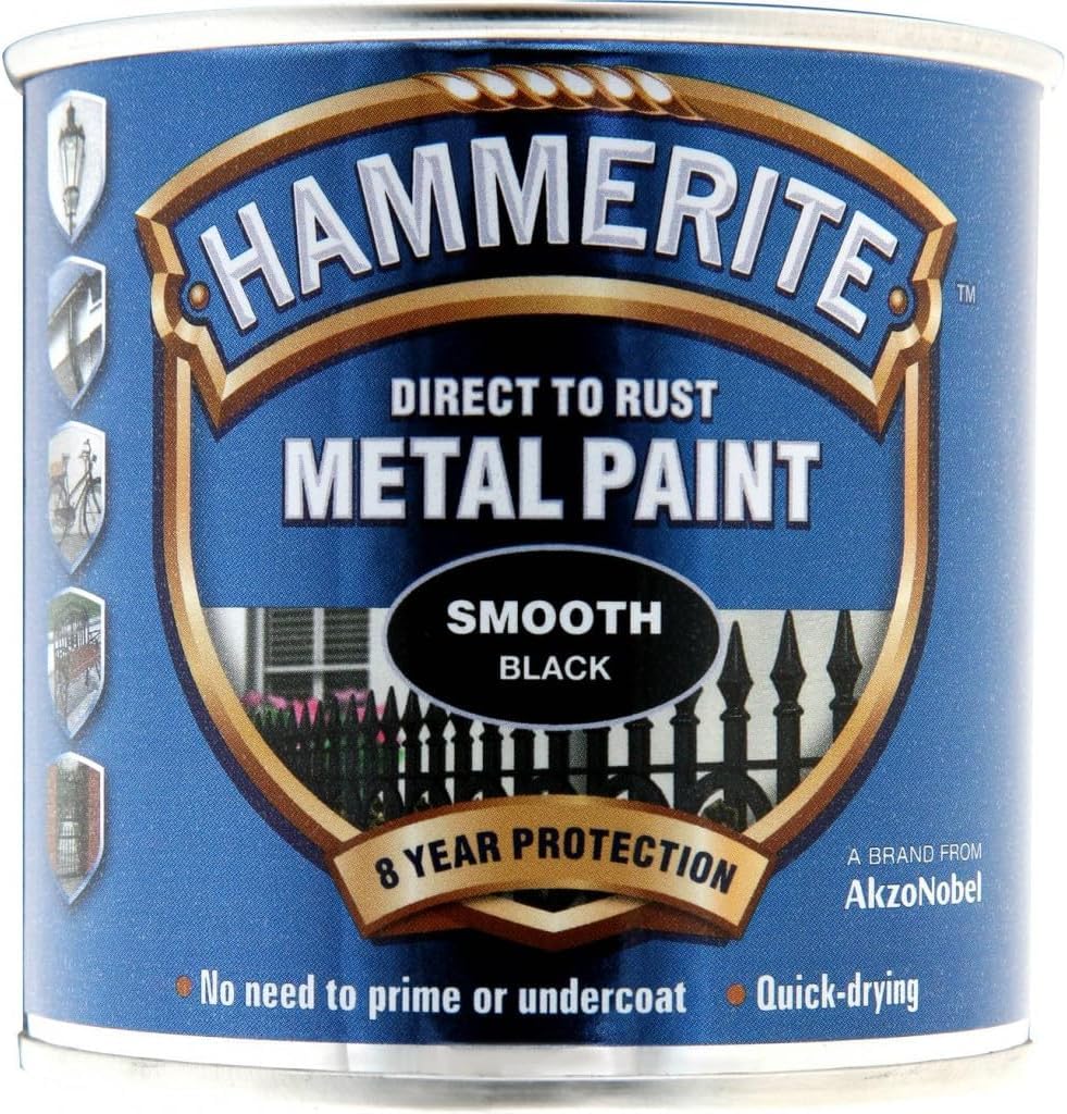 Hammerite Direct to Rust Metal Paint - Protective Coating - Quick Drying - Weather Resistant - Anti Corrosion - Exterior & Interior - 250ml - Smooth Black