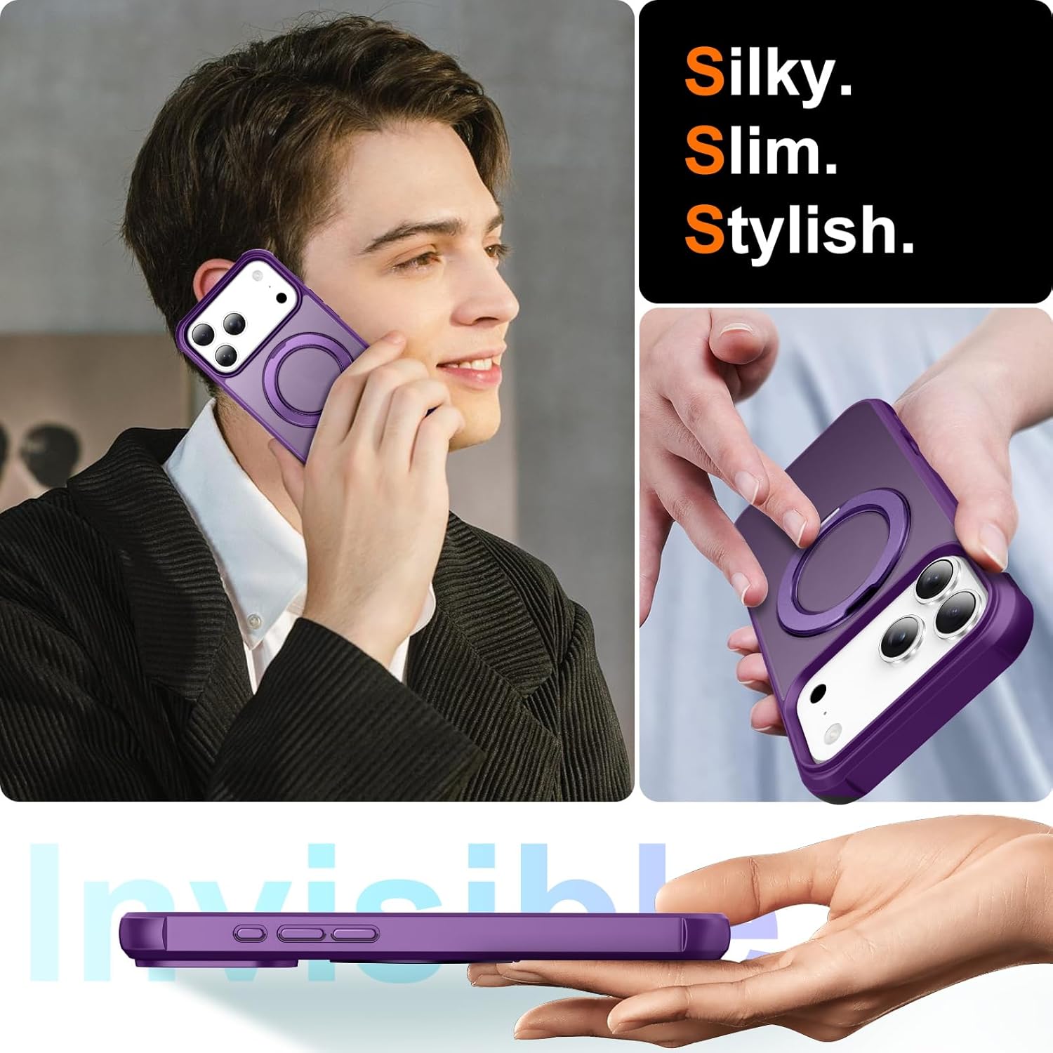UMIONE 360° Rotatable Magnetic Ring Design for iPhone 17 Pro, Built-in Invisible Loop Stand, Compatible with Magsafe, Translucent Ultra Slim Military Grade Shockproof Case - Purple