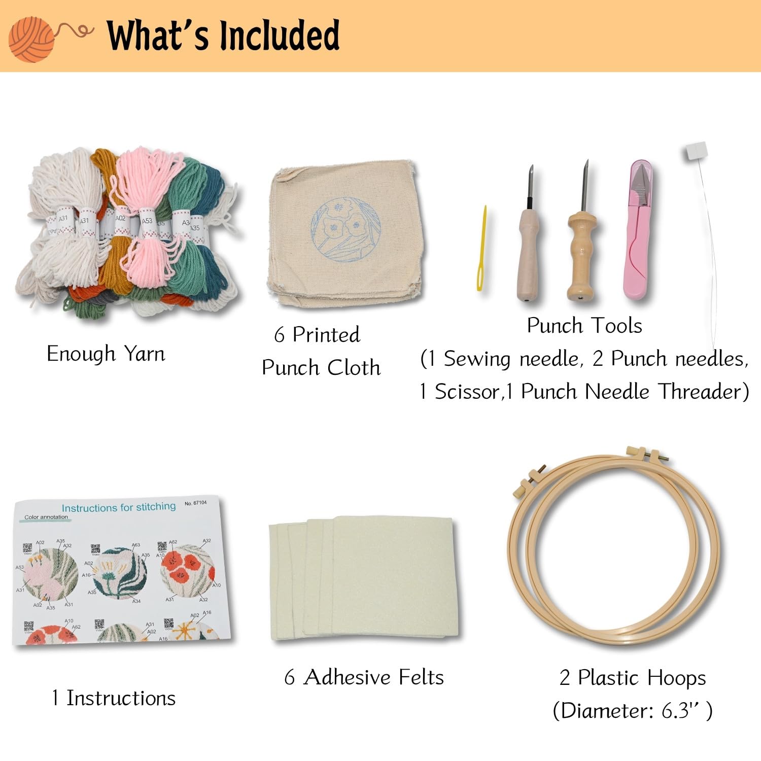 Mooncci Punch Needle Coaster Kit, 6pcs Flower Pattern Needle Punch Kits with Tools and Instructions for Adults Beginners, Great Festival Gift and Decoration Ideas