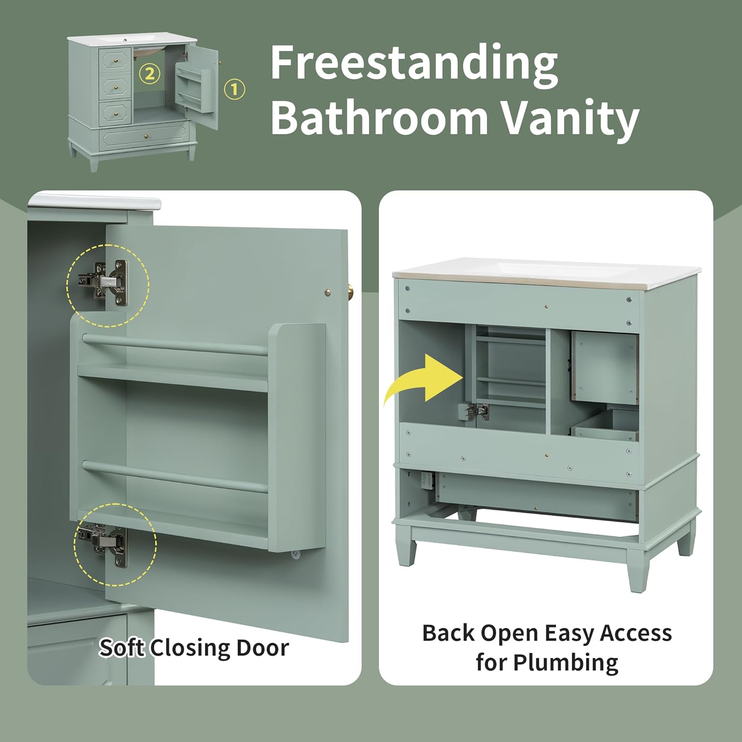 30" Bathroom Vanity with Sink, Harper & Bright Designs Free Standing Single Vanity Set with 3 Drawers and One Door with Storage Racks, Wood Storage Cabinet with Ceramic Basin for Bathroom, Light Green