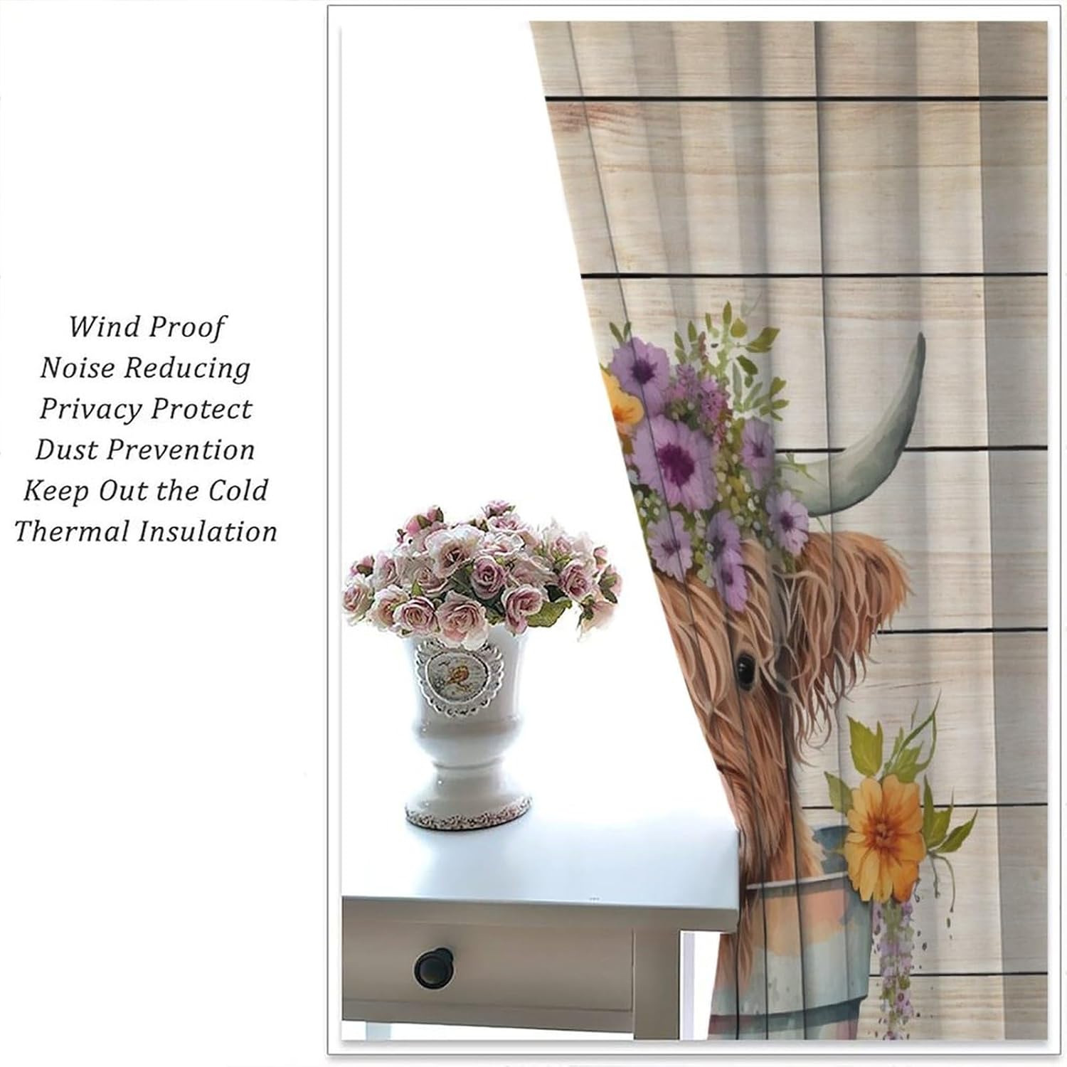 Highland Cow Farm Curtains Cute Cow Flowers Barn Door Western Farmhouse Rustic Funny Blackout Window Drapes for Bedroom Living Room Kitchen Cafe Decor （W21xL45 Inch） x2 Panels