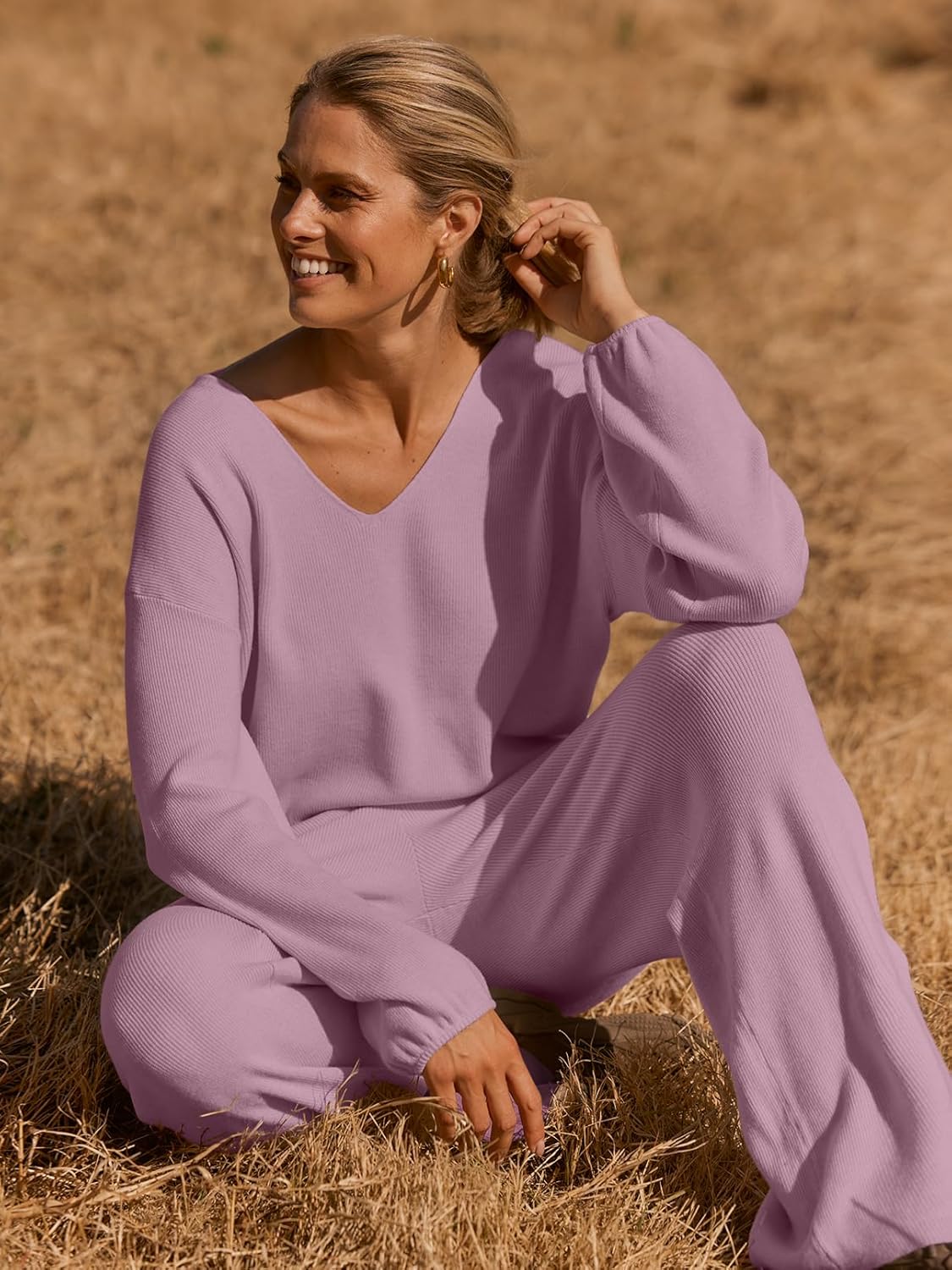 MEROKEETY Women's 2 Piece Outfits Lounge Sets Fall Winter Long Sleeve Knit Sweater Wide Leg Pant Matching Set - Image 6