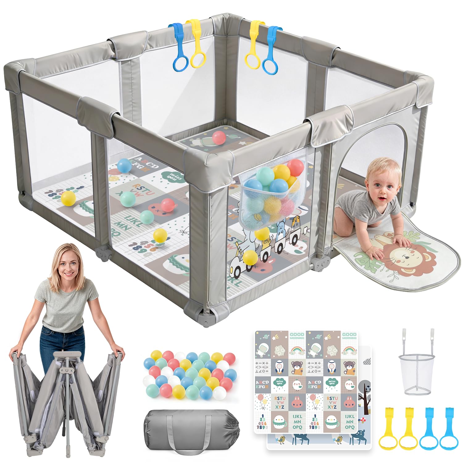 Laufstall Baby Faltbar mit Matratze, Laufgitter 360° Atmungsaktivem Netz | 300D Oxford, Sicher Spielplatz für Kinder, Innen/Außenbereich, mit Tasche, 50 Bälle, 4 Zugri (Löwe, 150 x 150 x 70 cm)