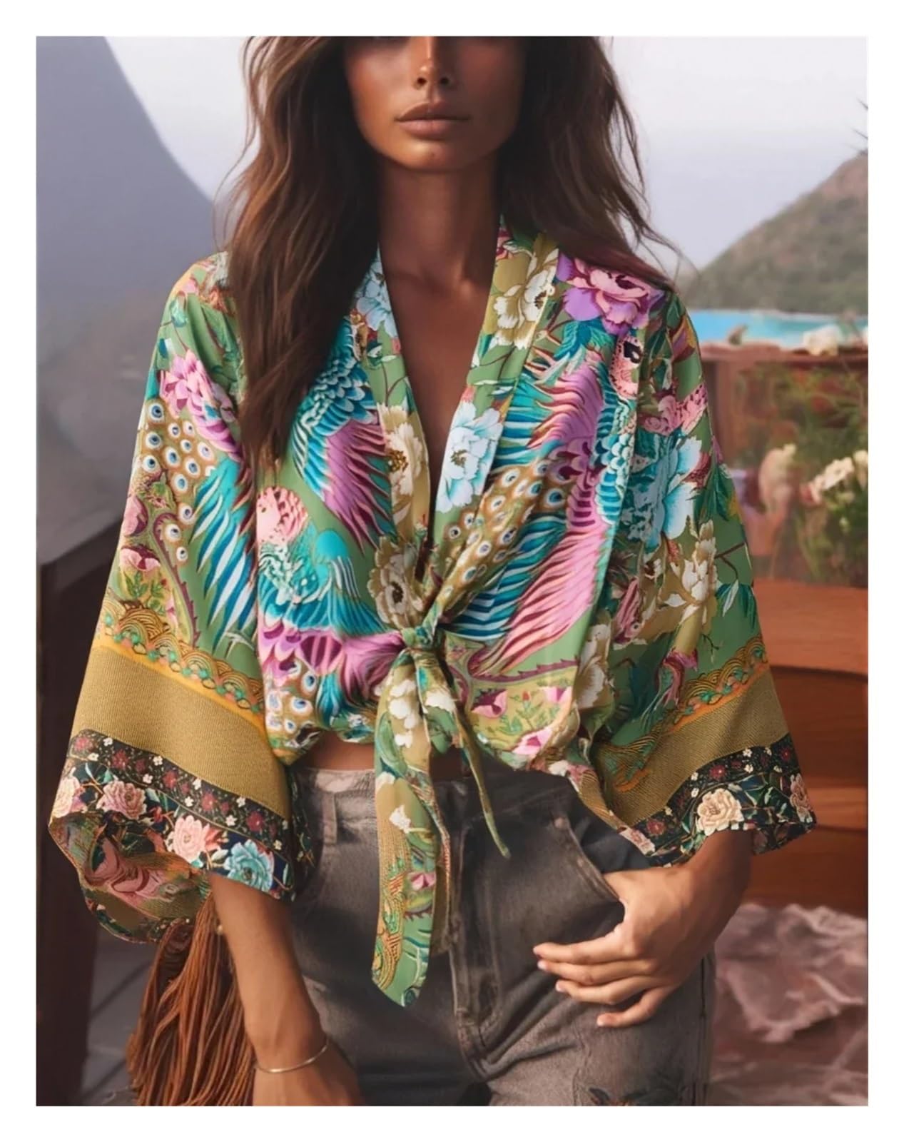 Sexy Vestido De Baño Cubrir Ropa Kimono corto con estampado floral y fajas for mujer, pareo de bikini for playa