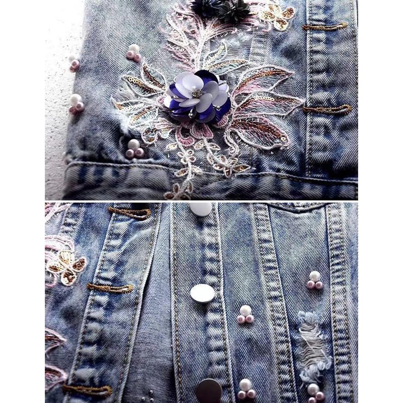 Runstarshow Armlose Denim-Westen für Damen, Knopfleiste, bestickt Blumenmuster, Retro-Jeansjacke, elegant, S-XXL/EU 34-44