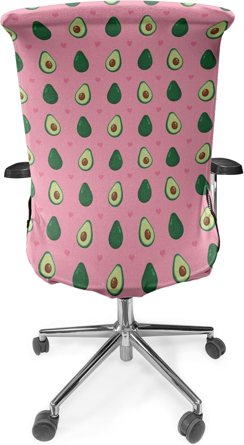 Ambesonne Avocado Office Chair Cover, Romantic Natural Food Theme Cartoon Halved Avocado with Heart Motif, Stretchable Decorative Universal Size High Back Printed Slipcover, Pastel Pink and Emerald