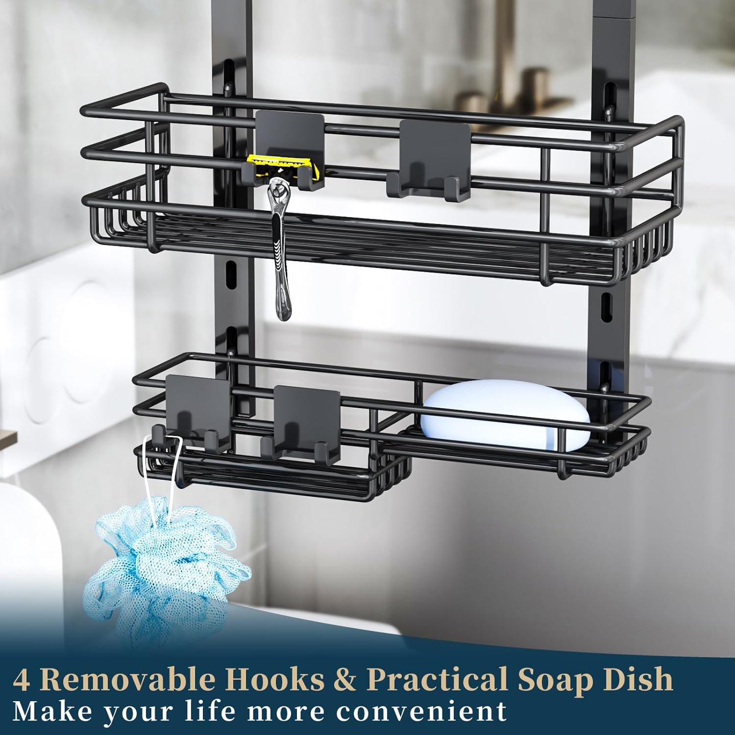 Consumest Over The Door Shower Caddy - 5 Tier Adjustable Shower Organizer Hanging with 2 Toothbrush Holders & 4 Hooks, Rustproof Oragnizer Shelf, Storage Rack for Bathroom, Black
