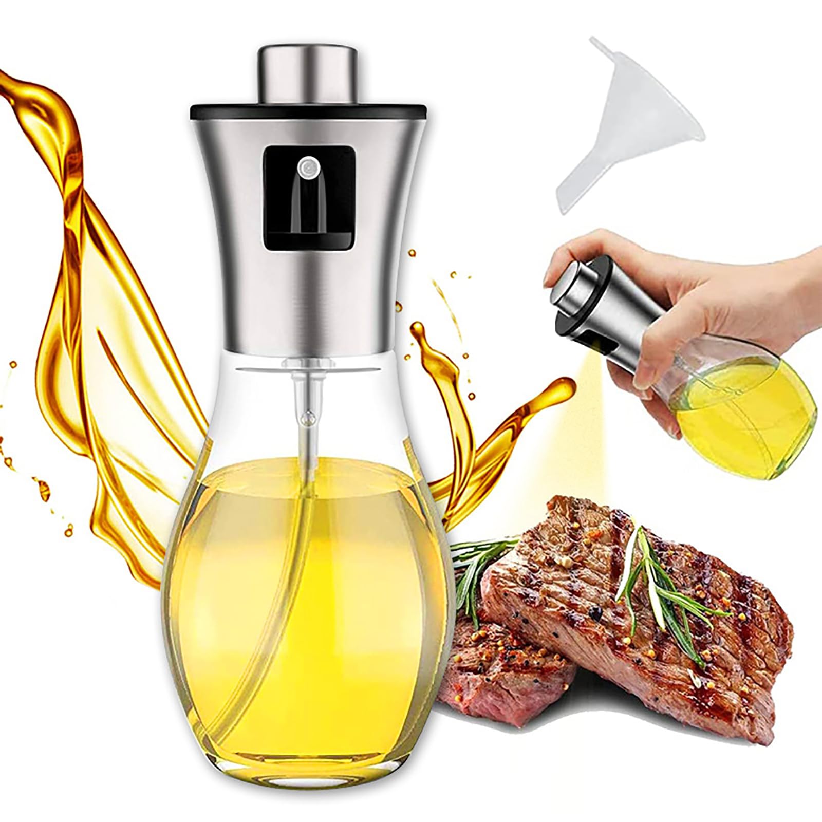 200ml Oil Sprayer Bottle,Vinegar Sprayer Dispenser,Dressing Spray Grilling Olive Oil Glass Bottle & 304 stainless steel, for Kitchen Cooking Salad Bread Baking BBQ (Oval)