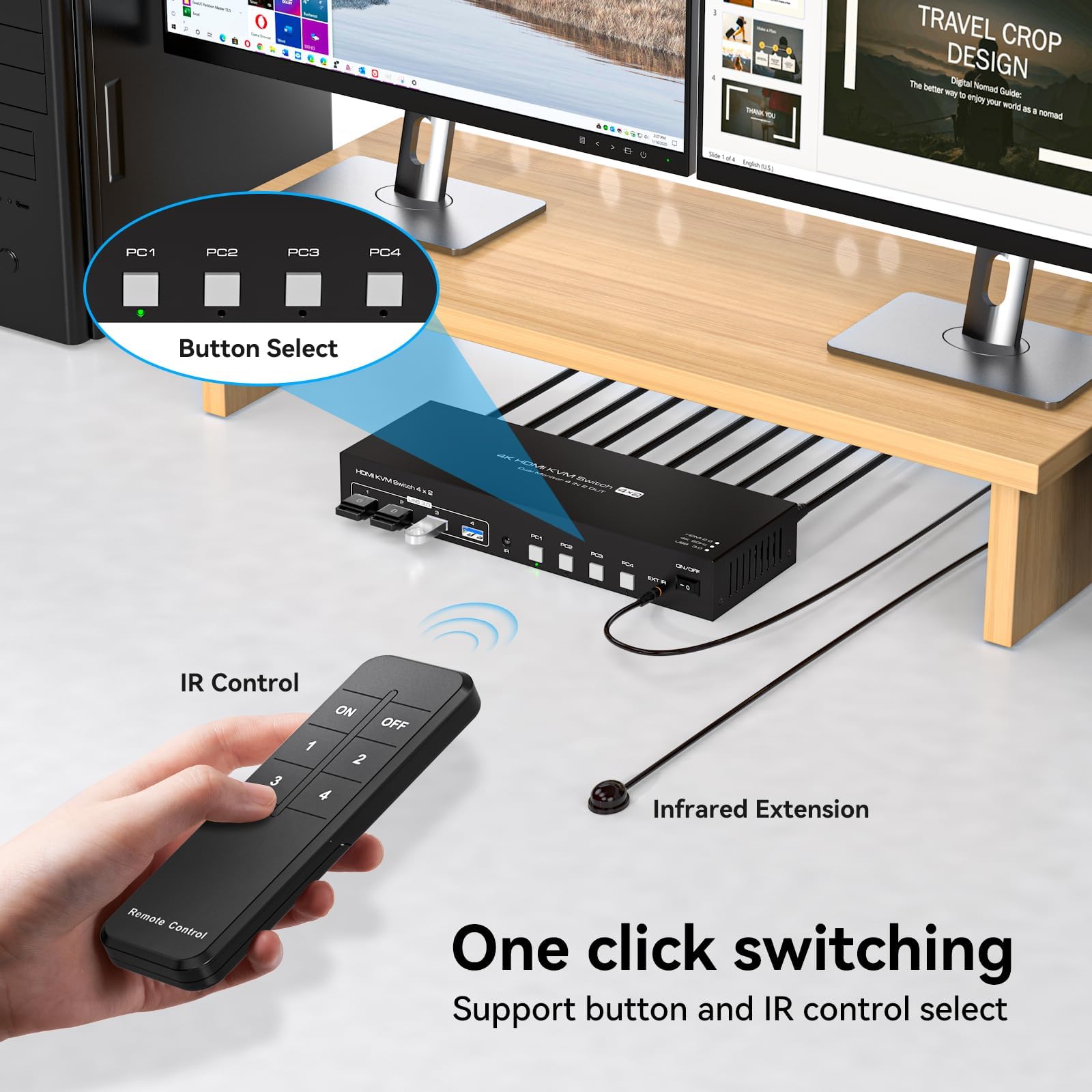 VPFET Switch KVM a 4 porte HDMI 4 PC 2 monitor 4K60Hz KVM switch simulazione EDID per 4 computer, 2 monitor e 4 porte USB 3.0 con adattatore DC12 V e 4 cavi USB 3.0