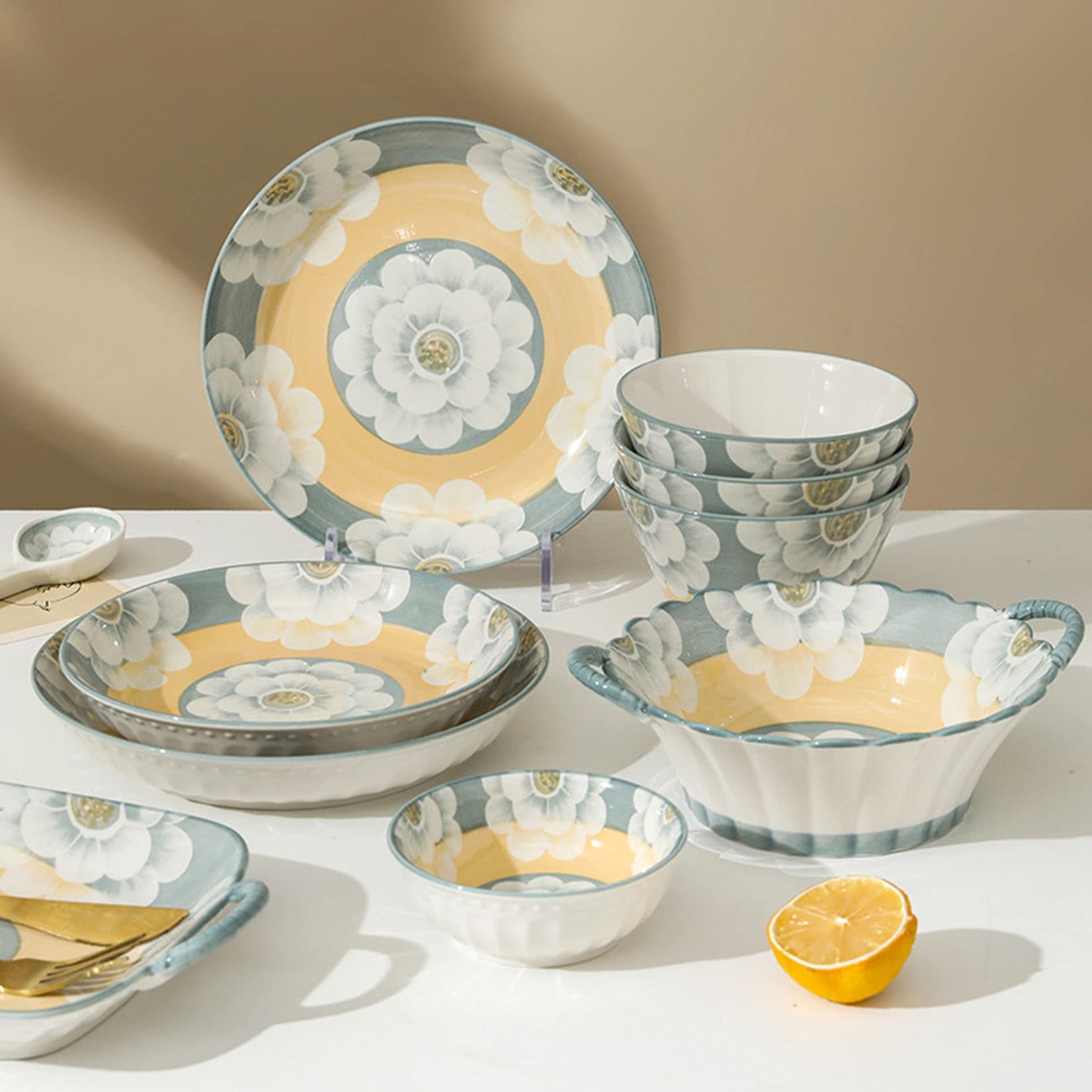 Zestaw 6 talerzy ceramicznych, chiński kwiatowy wzór, podszkliwny, do sałatek i różnych potraw, niebieski, 20 cm