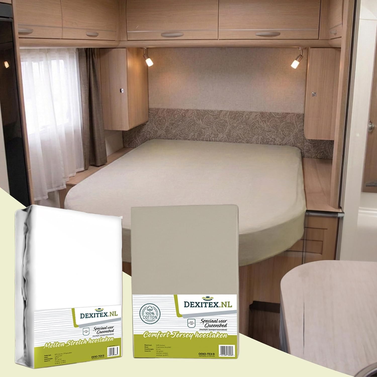 Bettlaken Queensbett-Wohnmobil 2er Set - 1 Molton und 1 Spannbettlaken Sand(135-160cm x 210cm) für Wohnmobil oder Caravan - 100% Baumwolle -Oeko-TEX -