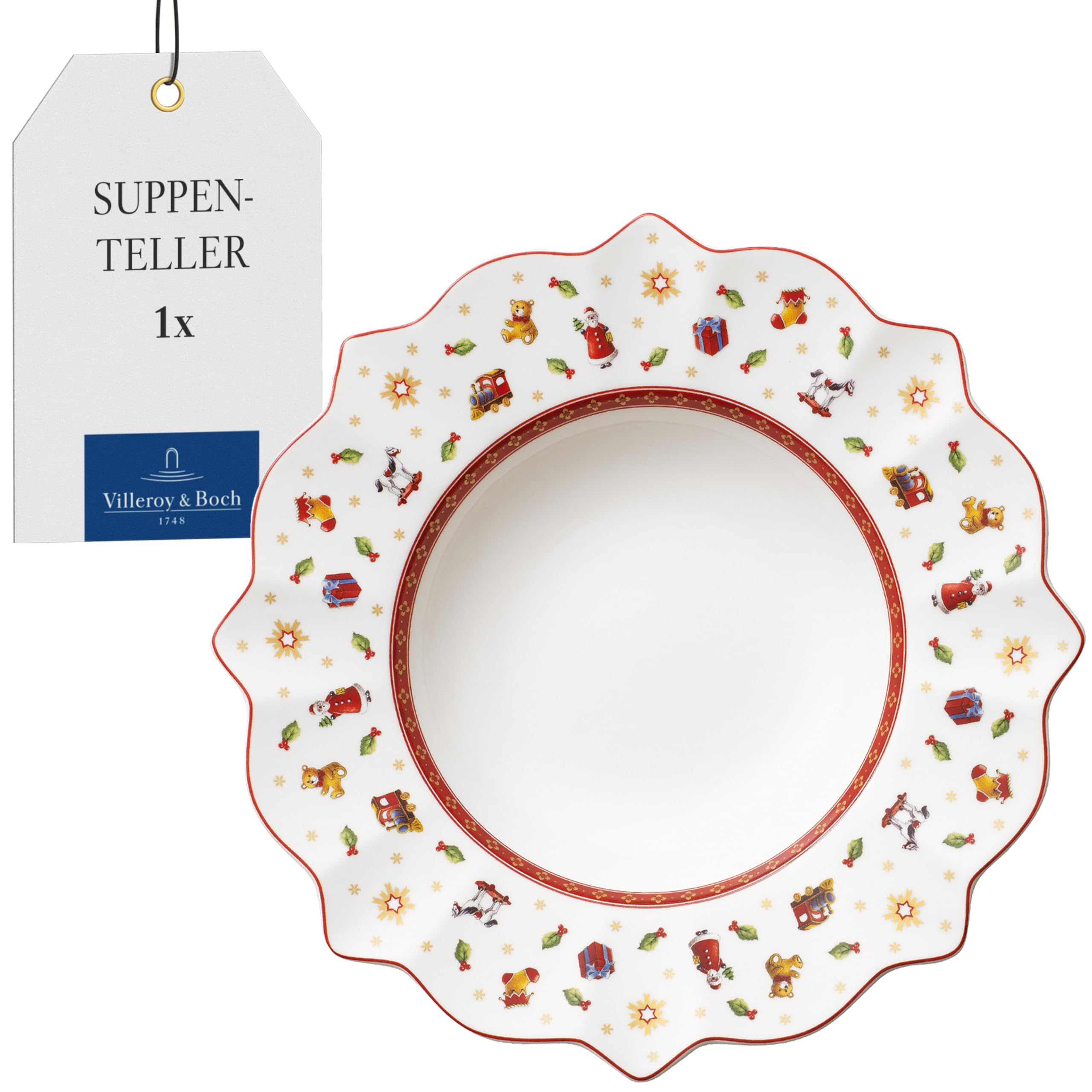 Villeroy & Boch - Toy's Delight Suppenteller 26,5 cm Rot und Weiß, Mikrowellensicher, Weihnachtsgeschirr, Pastateller, Tiefer Teller für Suppen oder Pasta, Xmas, Weihnachten, Premium Porzellan