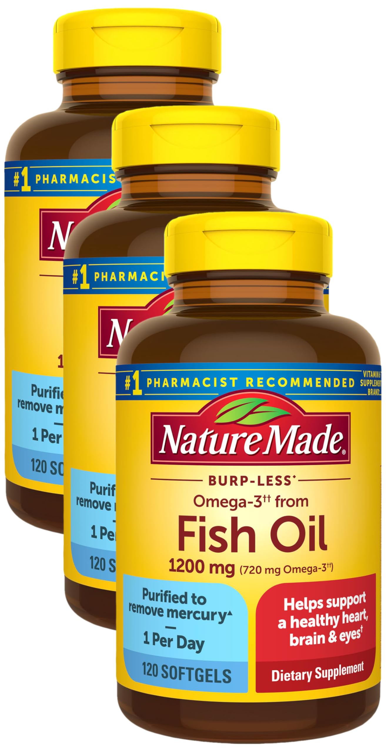 Burp-Less Fish Oil 1200 mg, 200 Softgels, Fish Oil Omega 3 Supplement For Heart Health