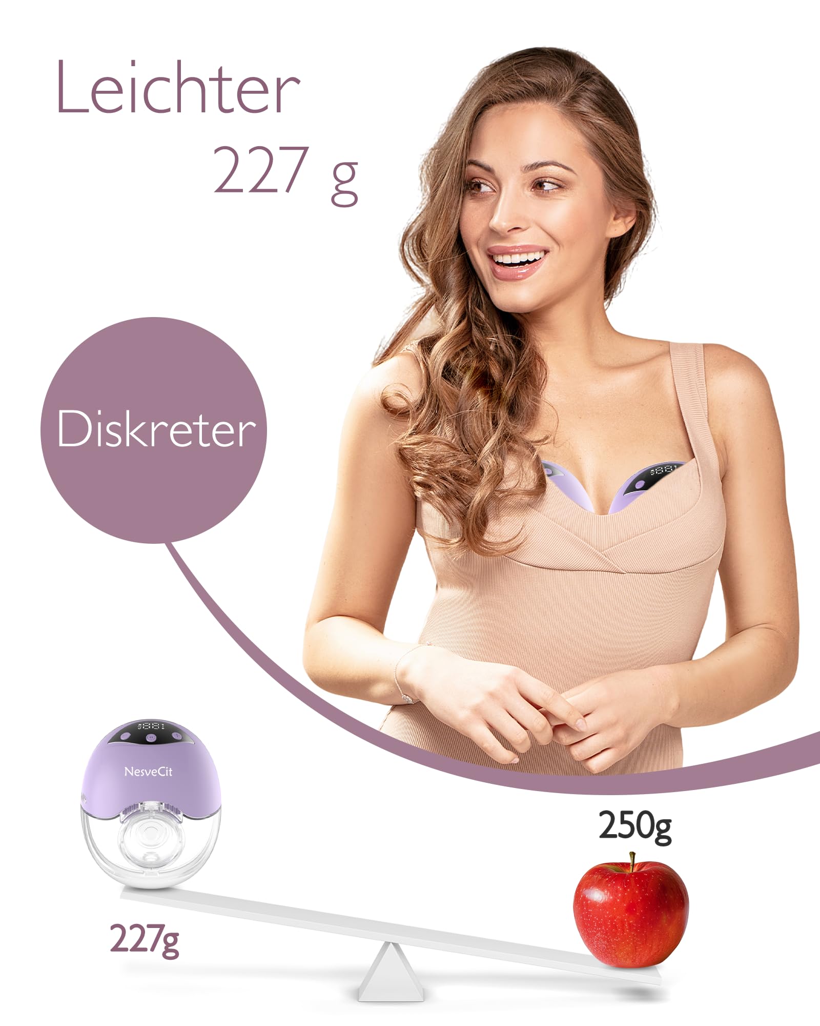 Elektrische Milchpumpe Tragbar Freihändig, Leise Brustpumpe mit 4 Modi & 12 Stufen für Den Babymund, 19/21/24 mm Flansch,inkl. Ersatzteile & Zubehör (Violett, 2 Packs)