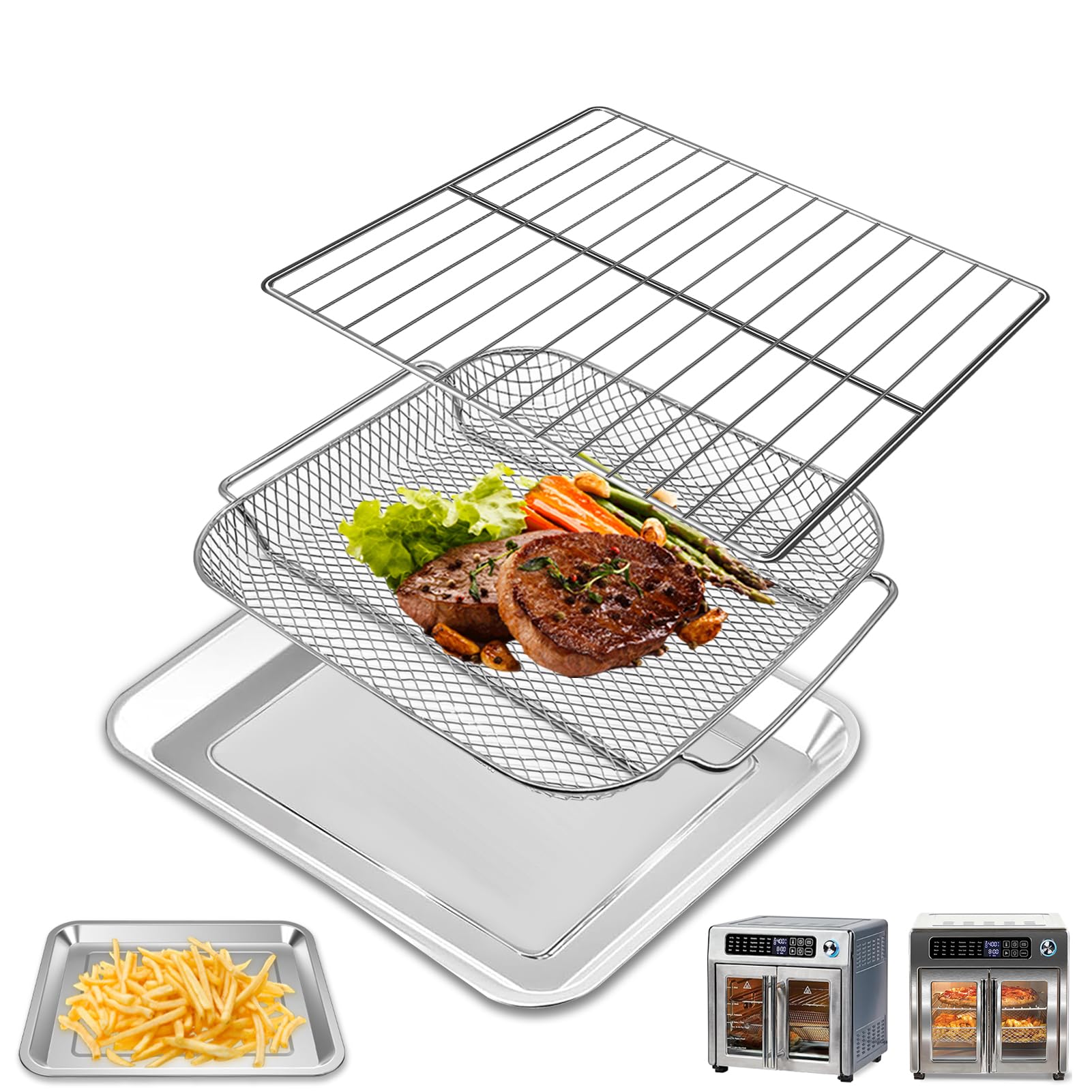 3-teiliges Set, Backform, Frittierkorb, Drahtgestell für Emeril Lagasse 26QT, extra große Luftfritteuse, Konvektionstoaster, Ofen, Lebensmittelqualität, Stahl, Luftfritteuse, Zubehör,