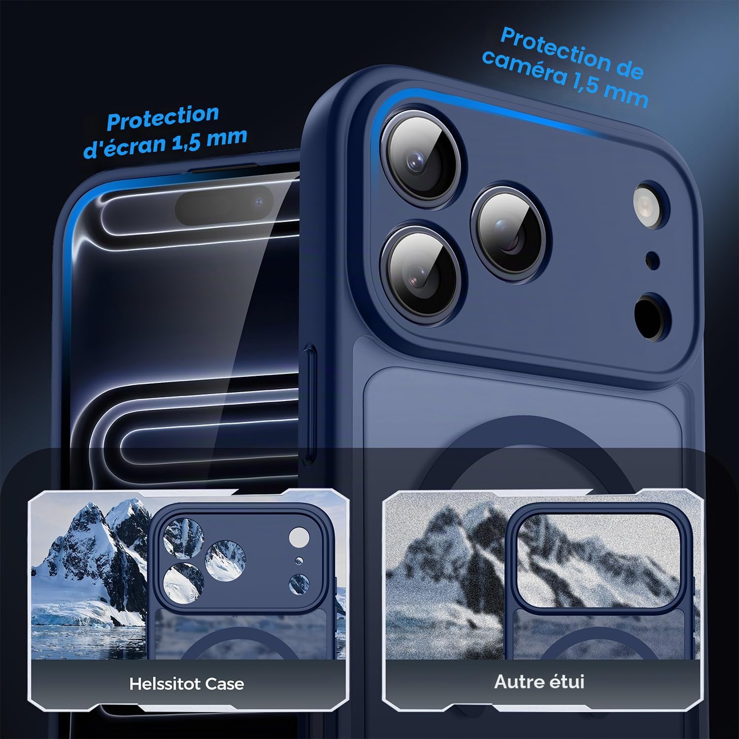 Helssitot Coque Magnétique pour iPhone 17 Pro Max avec 2 Verre Trempé Anti-Espion, Compatible avec MagSafe, Étui Mat Translucide Arrière Housse Antichoc Anti-Rayures pour iPhone 17 Pro Max, Bleu foncé