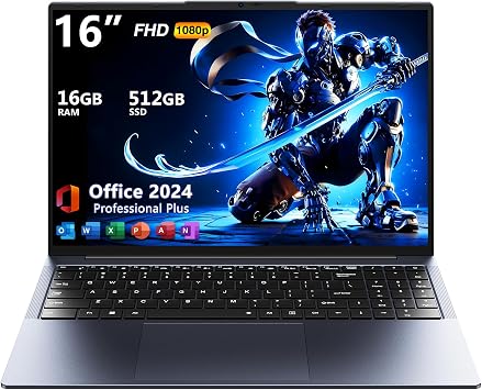 16" Core i5 Laptop, 16GB RAM, 512GB SSD, MS Office 2024, IPS1920 x 1200 1610 Display, Win 11 Pro Notebook Computer with BT5.0 Wi-Fi, 3xUSB A, HDMI, RJ45, Backlit Keyboard, Space Grey