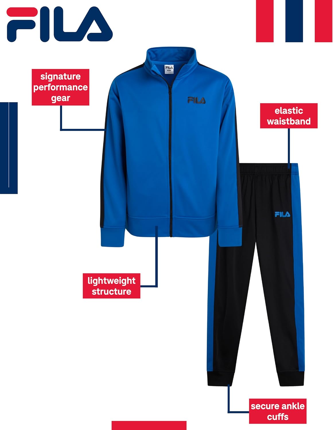 Fila Boys Tracksuit - 2 Piece Athletic Performance Tricot Full Zip Track Jacket and Jogger Sweatpants for Boys - Image 2