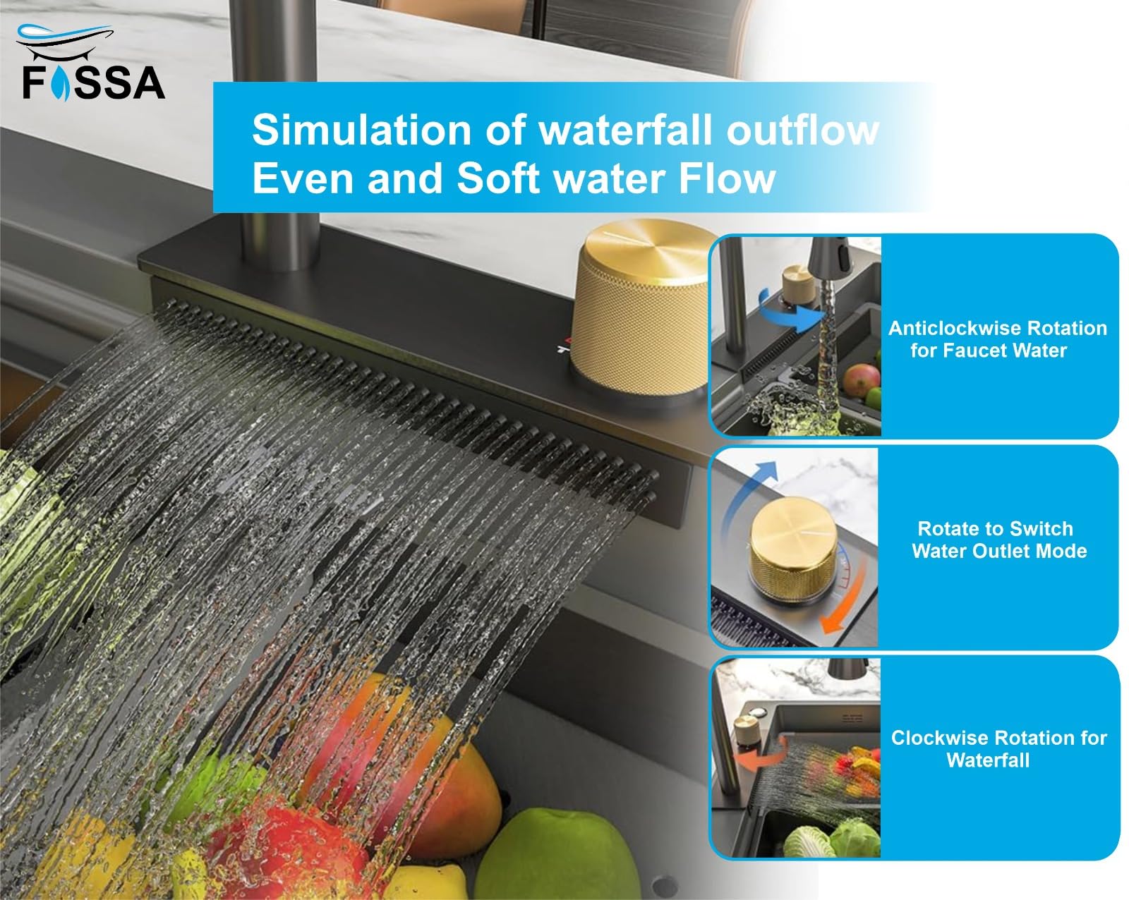 Fossa 47"x18"x10" Inch 5-Year Warranty Double Bowl Waterfall Kitchen Sink Honeycomb Embossed Sink with black Nano Coating, Pure Stainless Steel Sink, faucet with all Accessories. 2