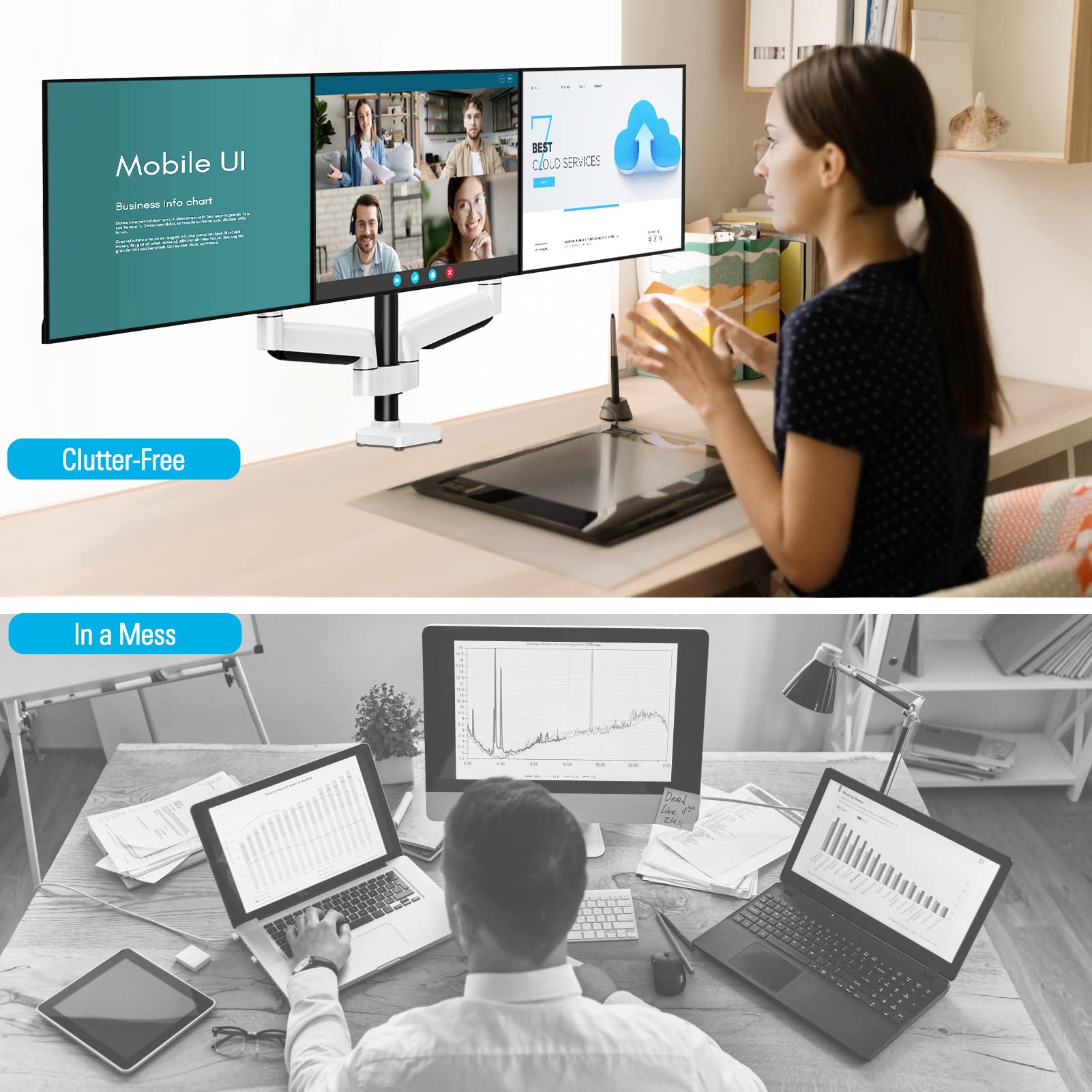 MOUNTUP Triple Monitor Mount, 3 Monitor Stand Desk Mount for Three Max 32 Inch Computer Screens, Support 2.2-30.9lbs, Gas Spring Triple Monitor Arm Holder, VESA Bracket with Clamp/Grommet Base, White