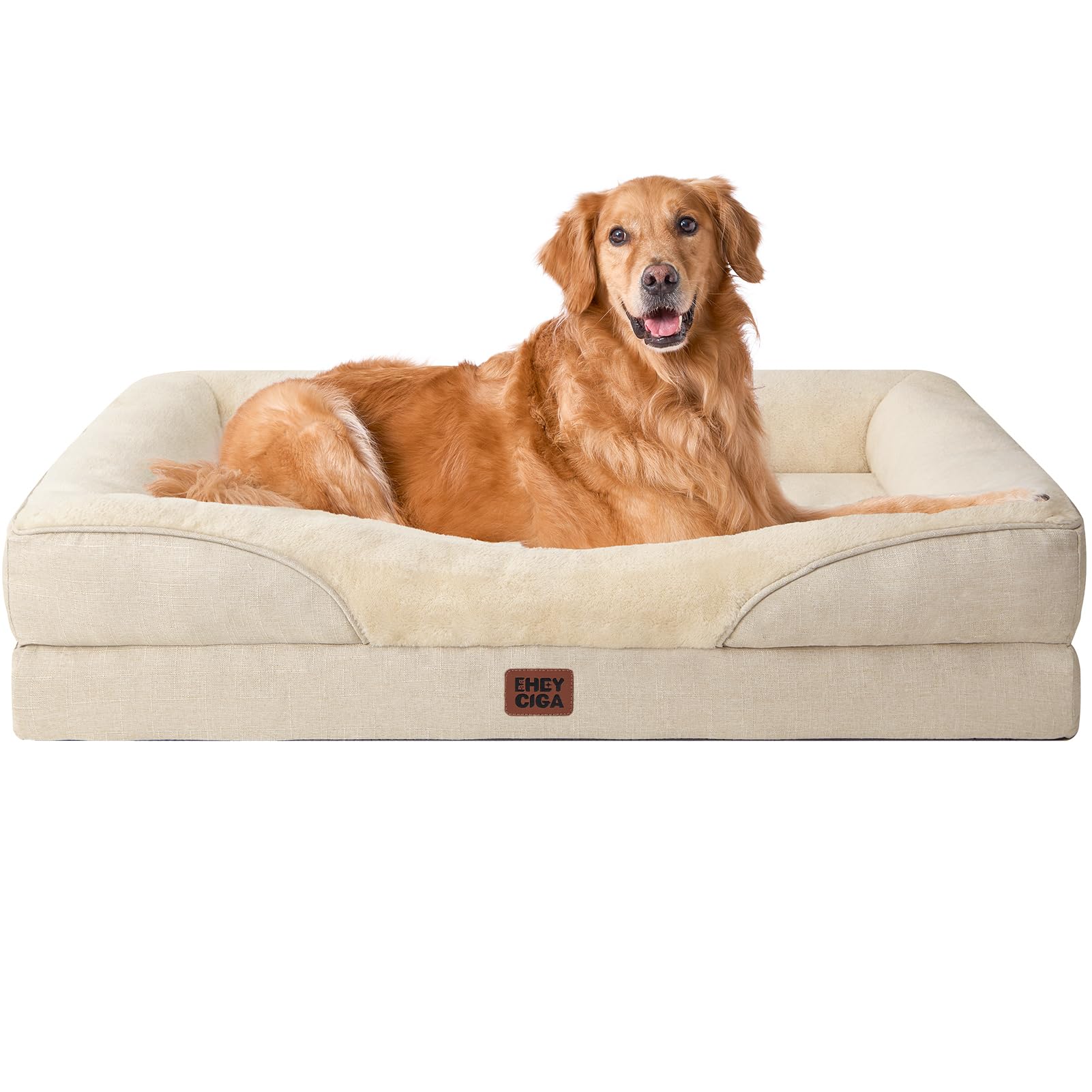 EHEYCIGA Memory Foam Cuccia Cane Interno Taglia Grande, Impermeabile Divano per Cani Sfoderabile e Lavabile, Letto per Cani con 4 Bordi Rialzati, Beige, 106.5x76x18.5cm