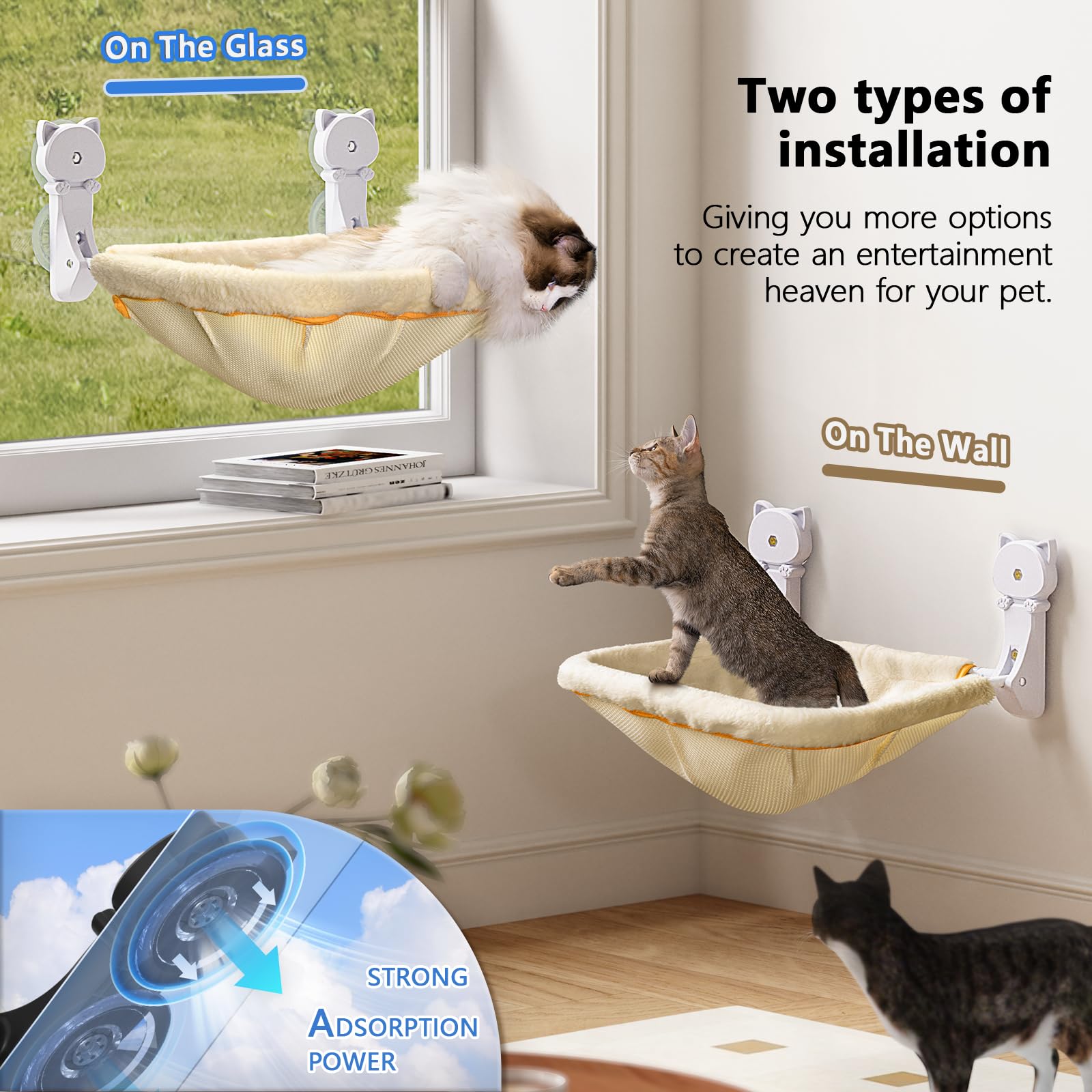 JUSNPOW - Percha para ventana de gato inalámbrica, cama plegable y estable de gran capacidad, hamaca transpirable para pasar el sol y escalar, soporta hasta 40 libras