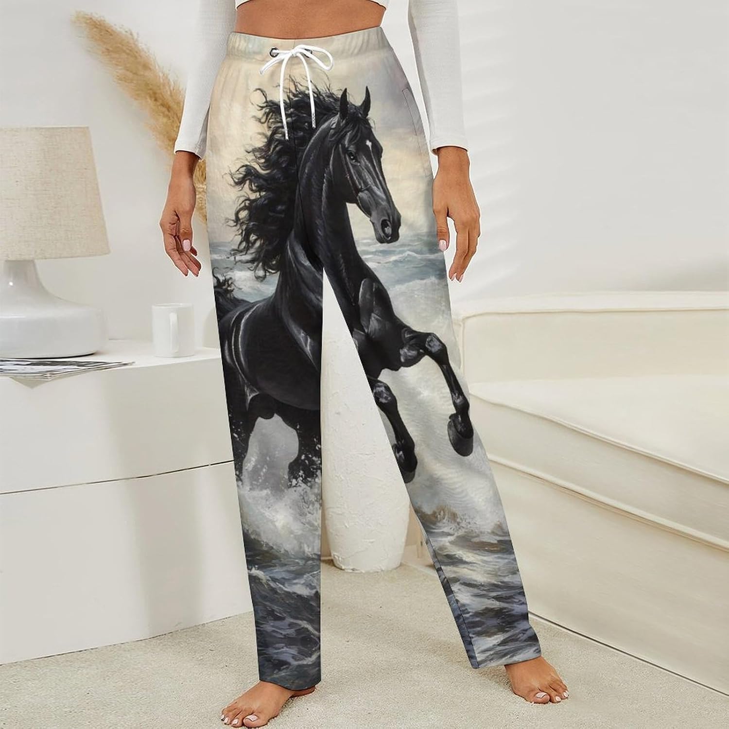 Galloping Black Horse Seaside Flannel Pajama Pants Women Long Lounge Pants Soft Pj Bottom with Drawstring Belt Sleepwear
