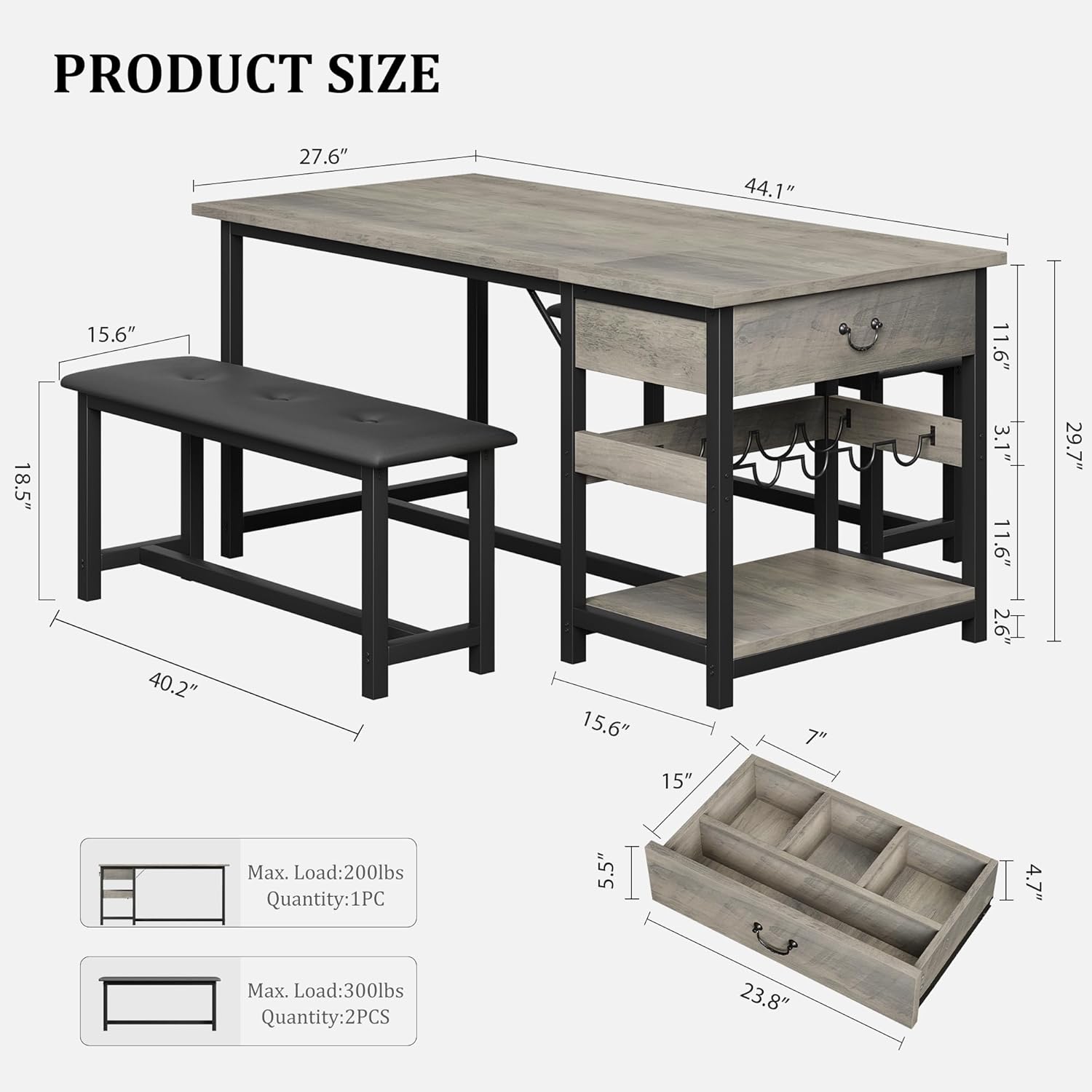Dining Table Set for 4 with Storage Drawers & Wine Rack, Kitchen Table and Upholstered Benches for Small Spaces, Gray