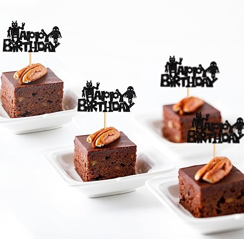 Miniatura 5 de Ercadio Paquete de 24 adornos para cupcakes de feliz cumpleaños, diseño de robot de dibujos animados negros, piezas de robot, decoración de pastel