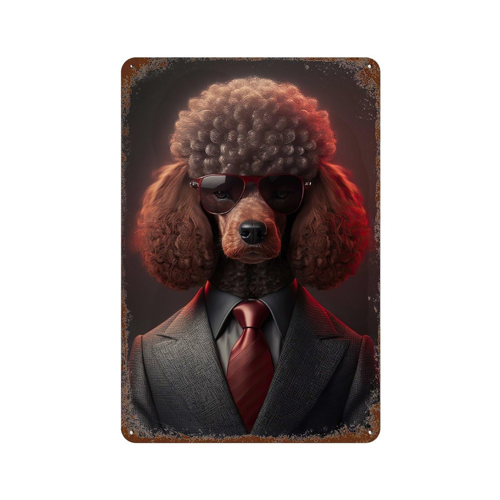 Decorative Tin Sign with Red Poodle Mafia Boss Design 11.8"x7.9", for Garage, Bar And Workshop Decor, Decorative Metal Wall Art