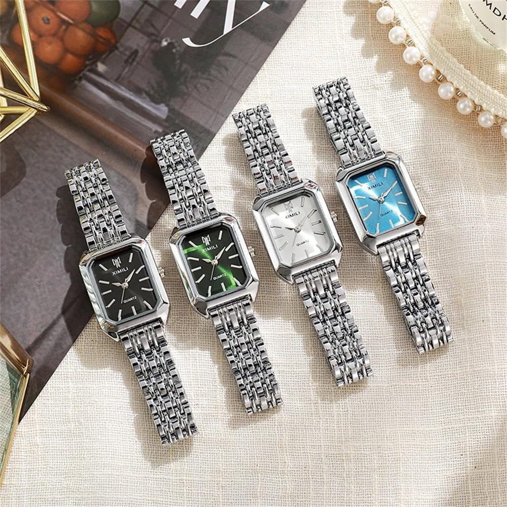 Gosasa Women's Luxury Square Quartz Watch Retro Analog Watch Gold and Silver Tone Waterproof Wristwatch with Small Vintage Bracelet