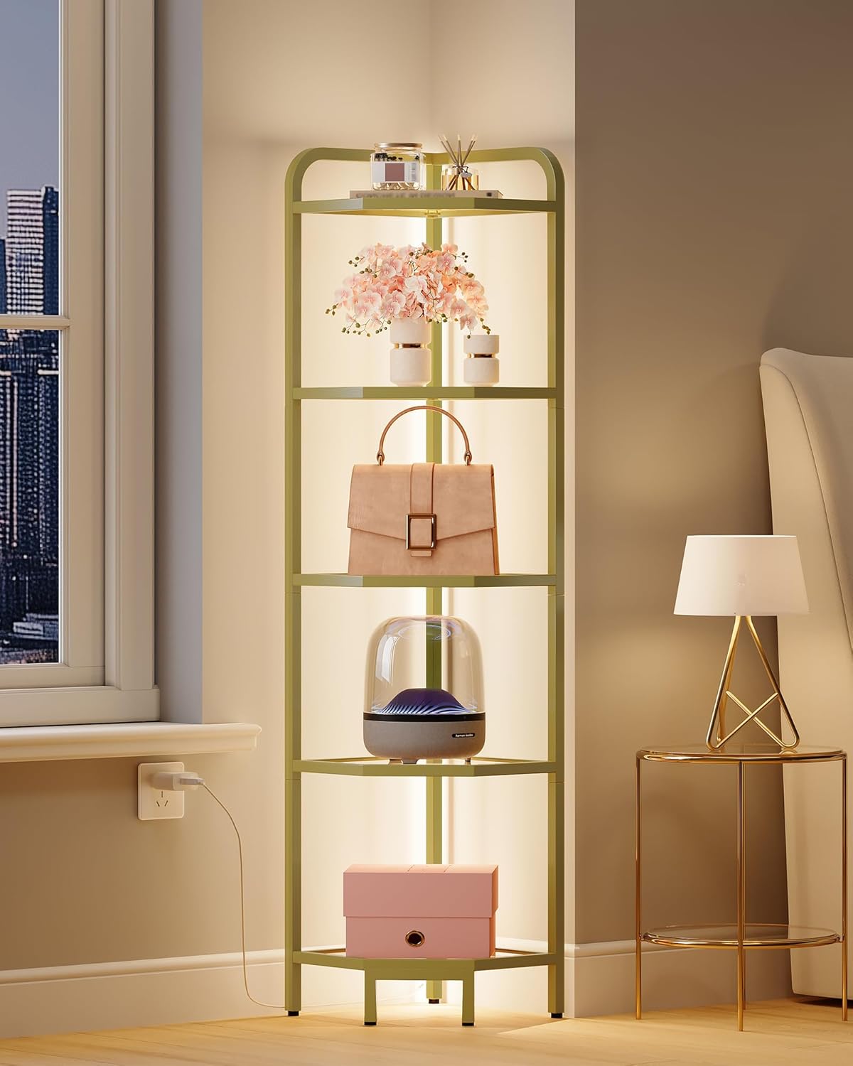 Hzuaneri Corner Shelf with LED Lighting, 5-Tier Glass Bookshelf, Steel Frame, Tempered Glass, Modern Style Corner Shelf, Suitable for Living Room, Bedroom and Game Room, Gold CS09599G