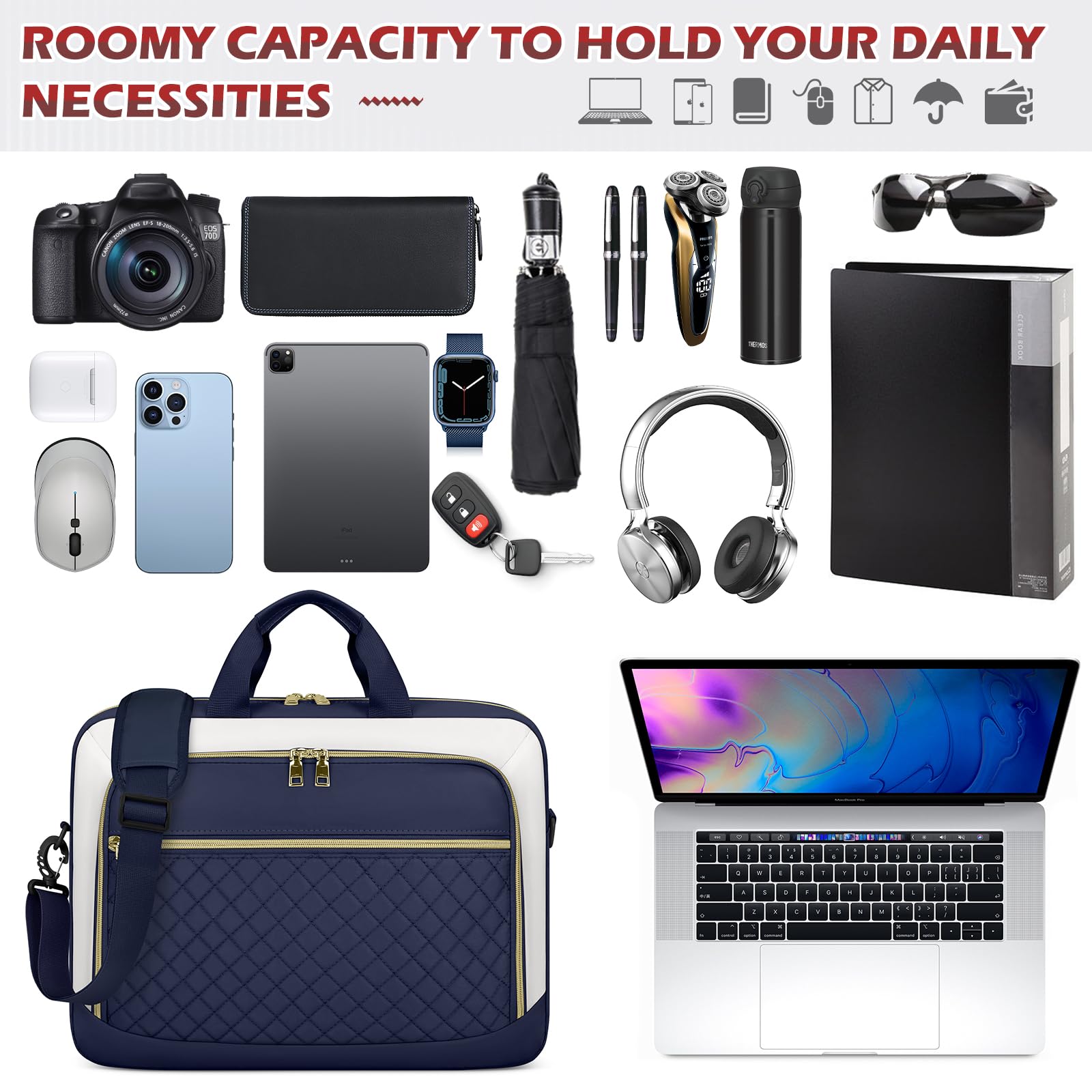 NEWHEY Borsa per computer portatile da 17,3 pollici valigetta per computer da donna grande borsa per computer | Borsa a tracolla impermeabile con tasche multiple e tracolla imbottita, per lavoro, ufficio, università, blu e beige