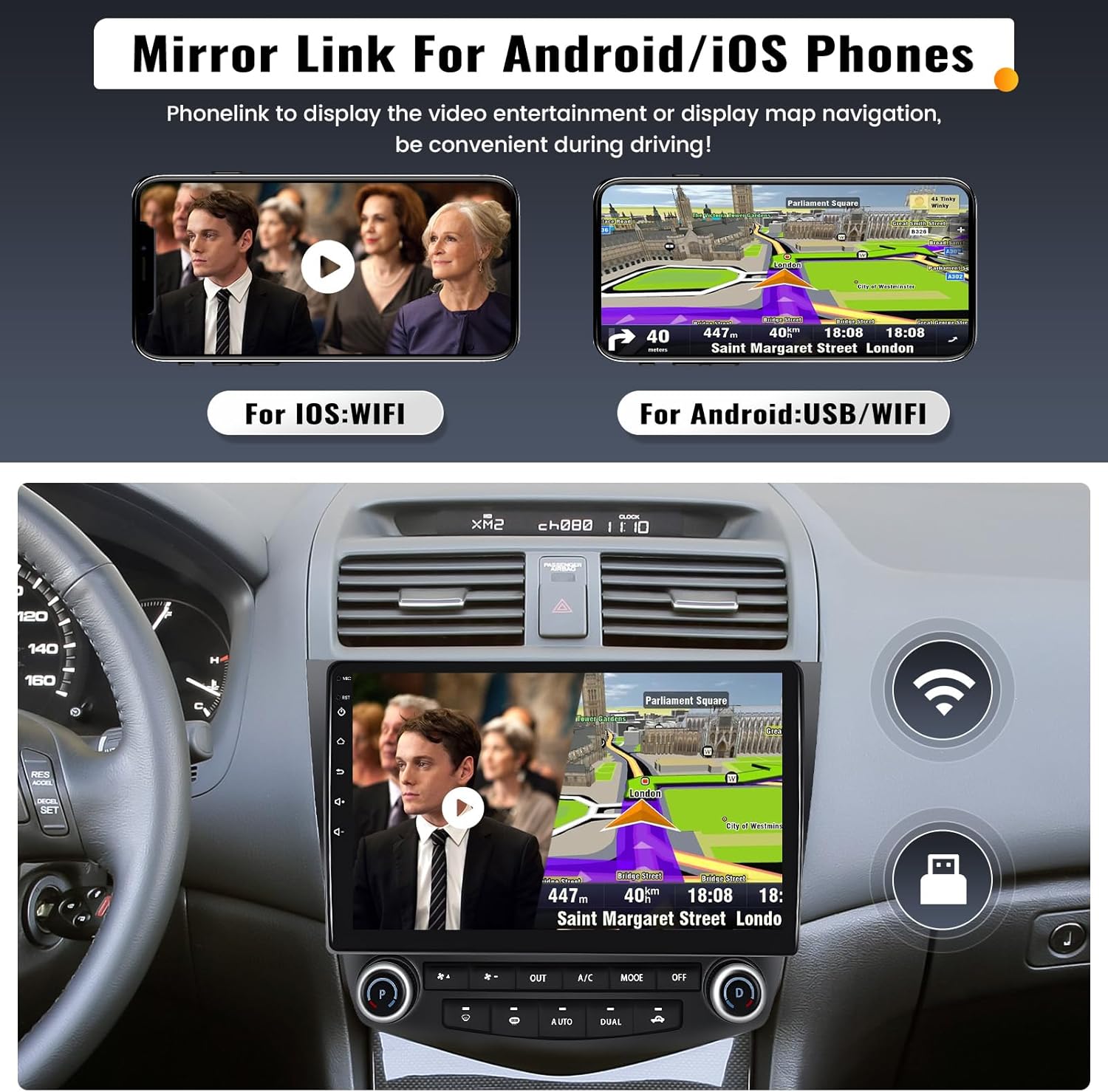 Image showing a smartphone screen mirrored onto the car stereo display, demonstrating video playback and GPS navigation via Mirror Link.