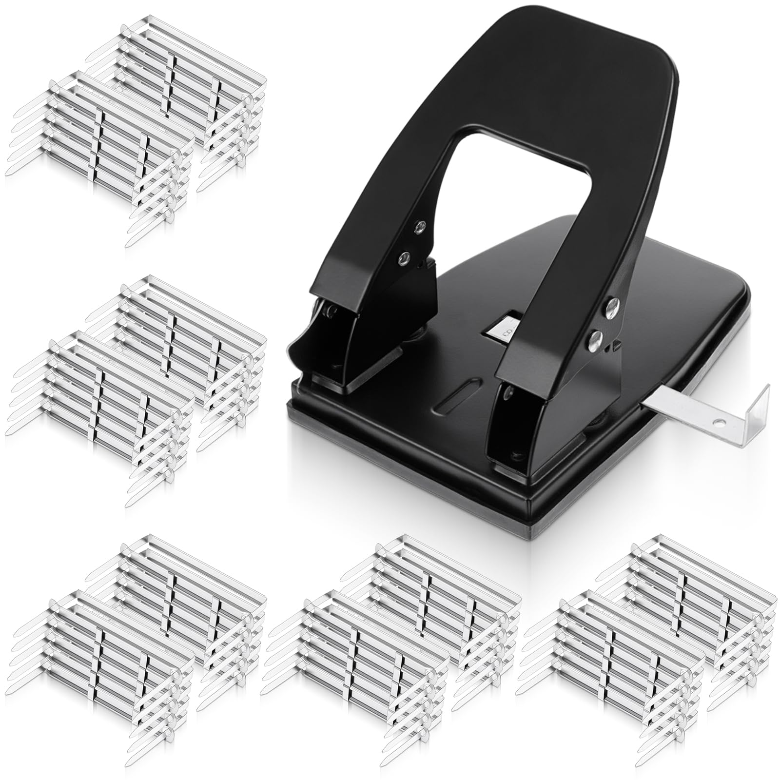Photo 1 of 2 Hole Punch with 150 Paper Fasteners, Heavy Duty Paper Two-Hole Puncher, Professional Two Hole Punch for Papers File Folder, 30 Sheets Capacity, Padded Handle, Black