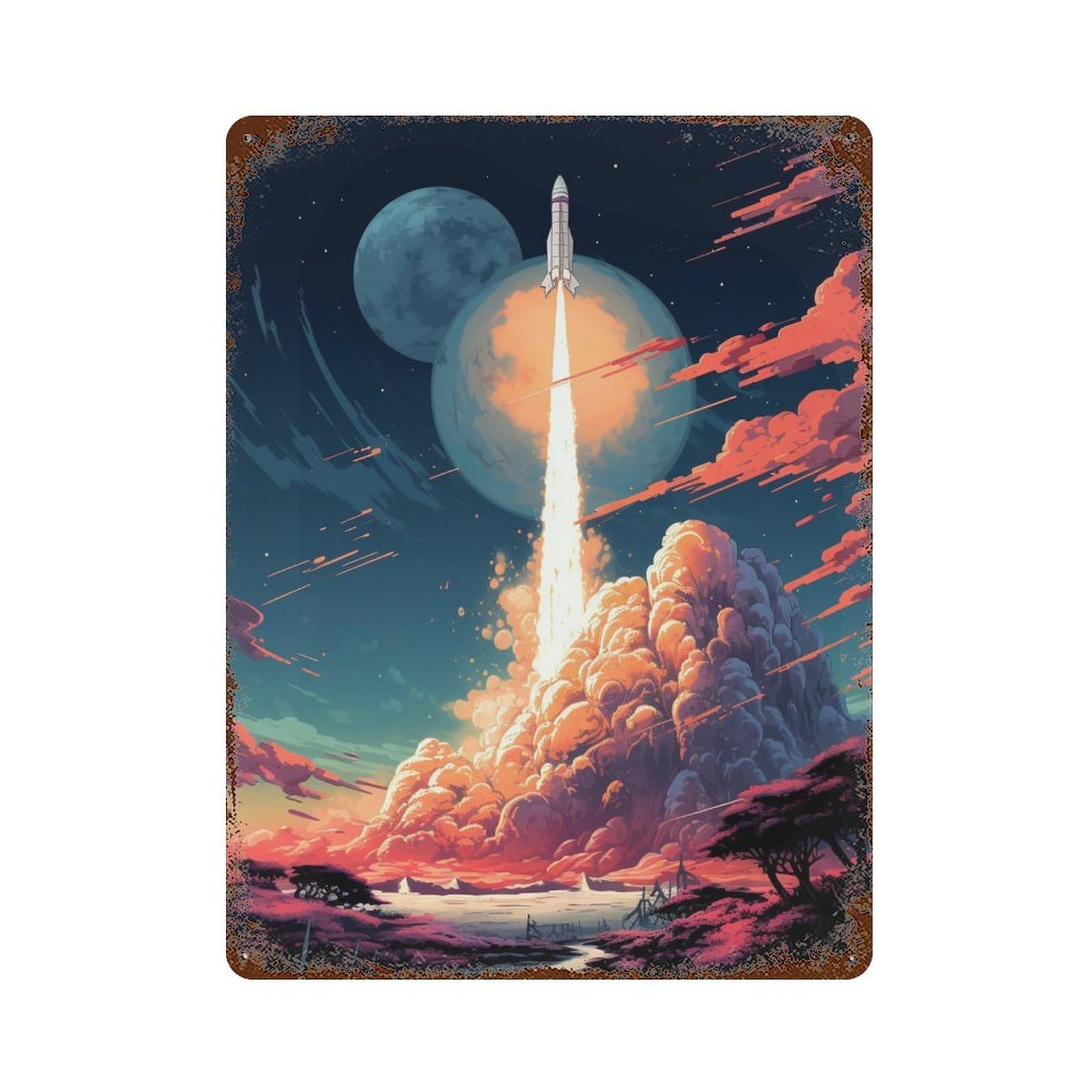 Rocket Launch Fantasy Aged Metal Wall Plaque 15.7"x11.8", Industrial Home Decor for Garage, Pub Or Kitchen